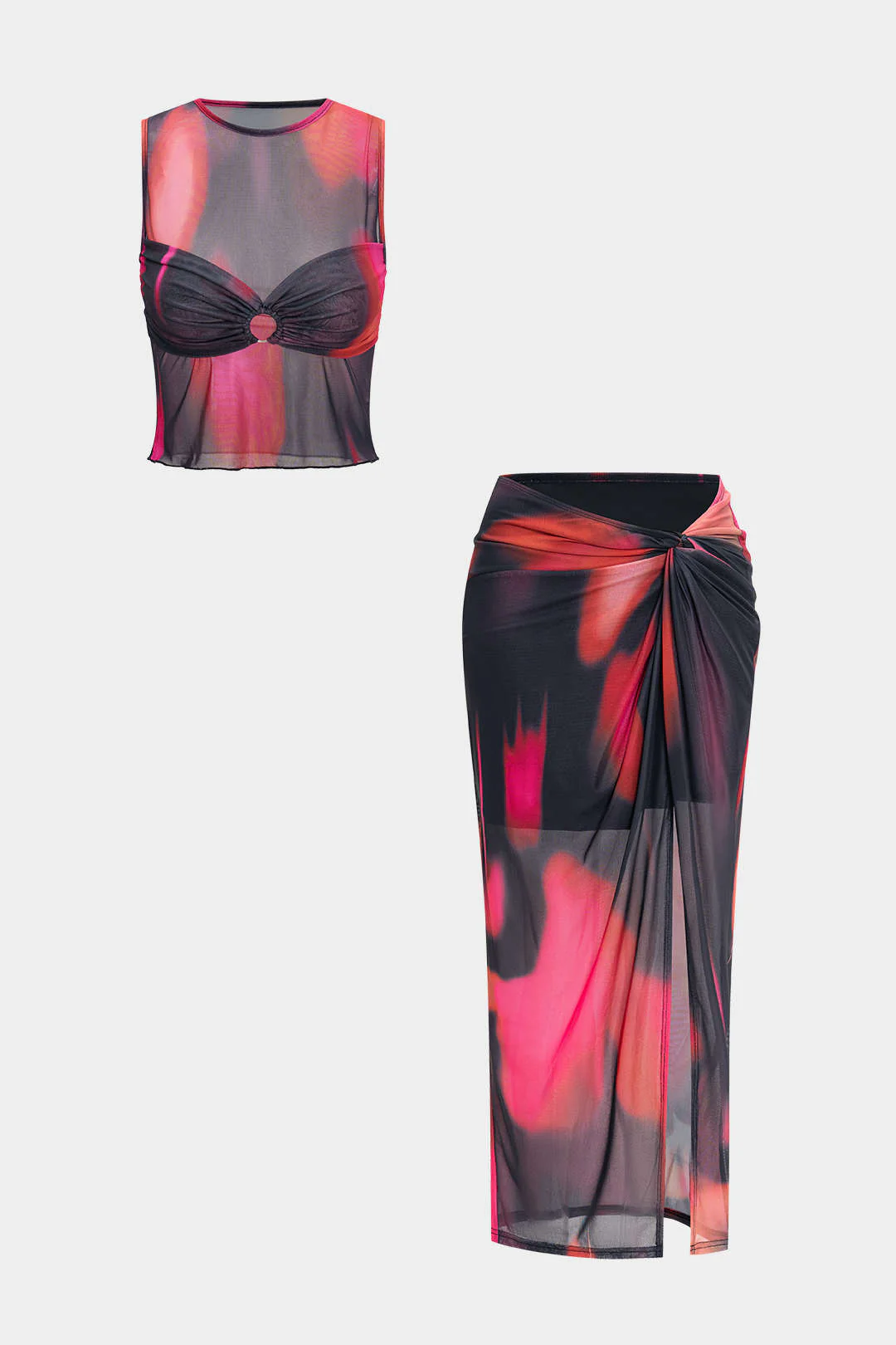 Colorblock Mesh Twist Knot Tank Top And Skirt Set