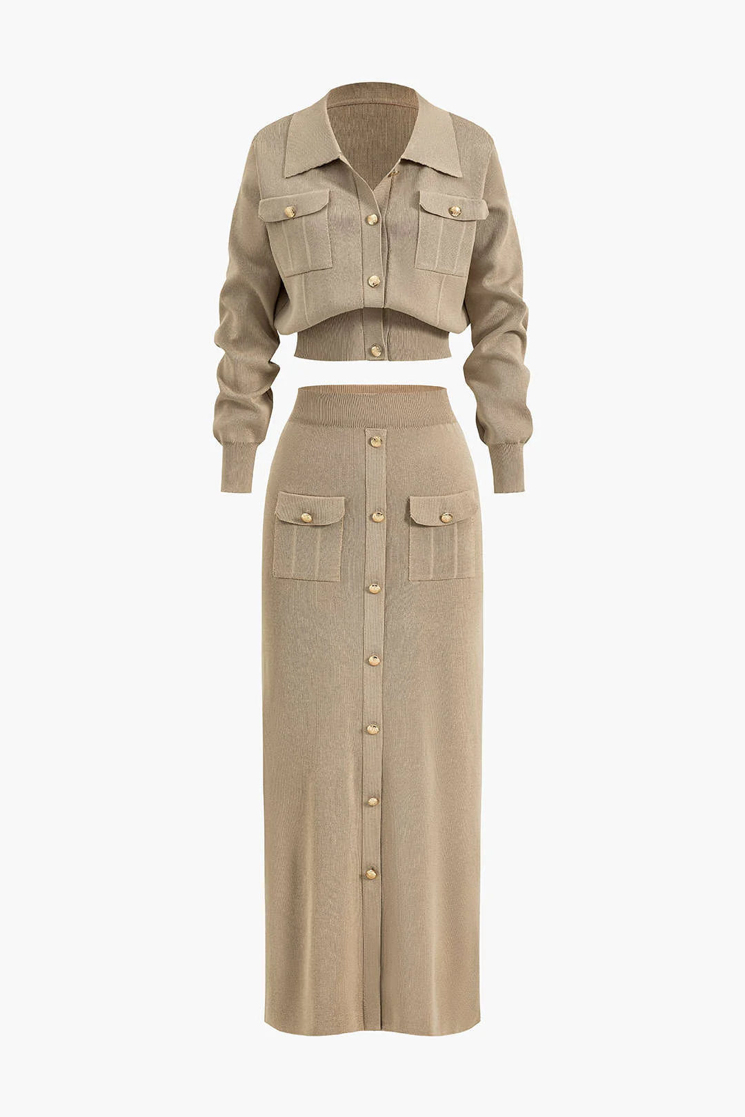 Cropped Button-Up Knit Top and Maxi Skirt Ensemble