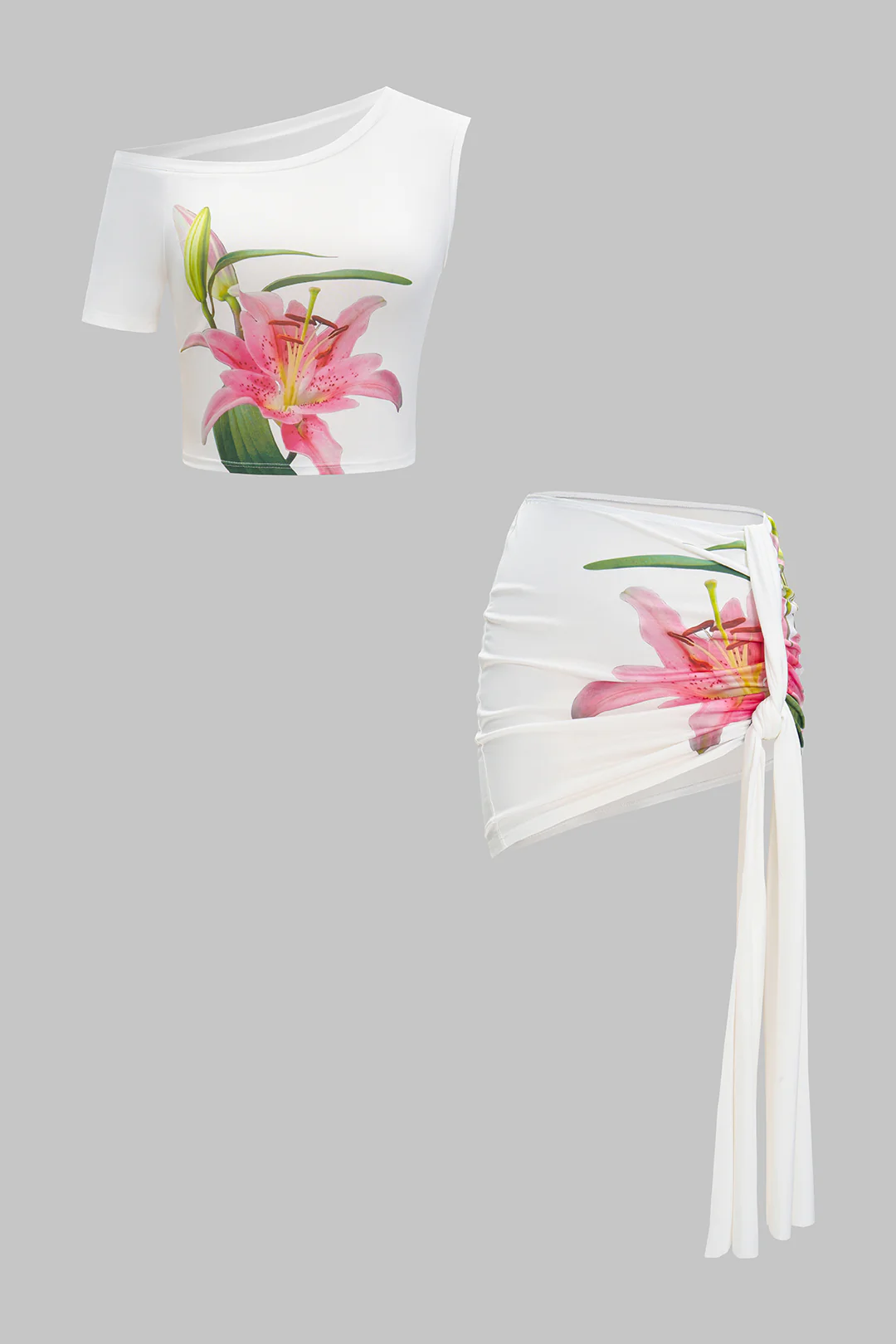 Floral Print Asymmetrical Tank Top And Ruched Tie Front Skirt Set