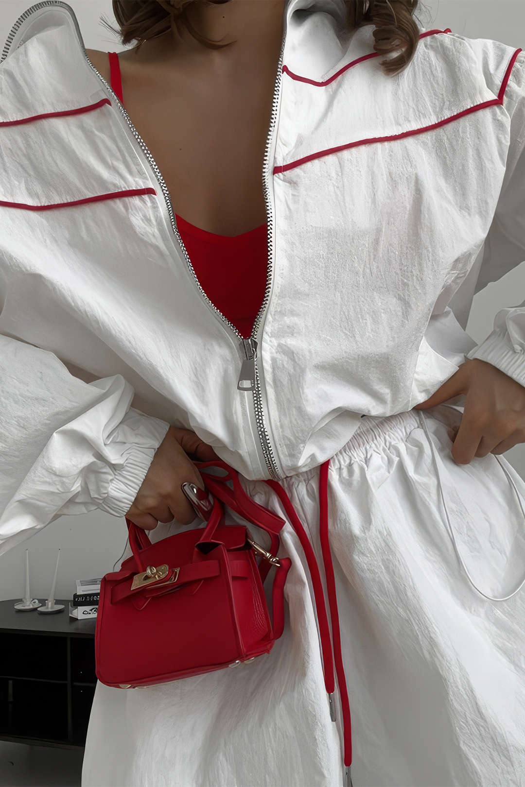 Contrast Binding Zipper Long-Sleeve Top And Tie-Up Wide Leg Shorts Set