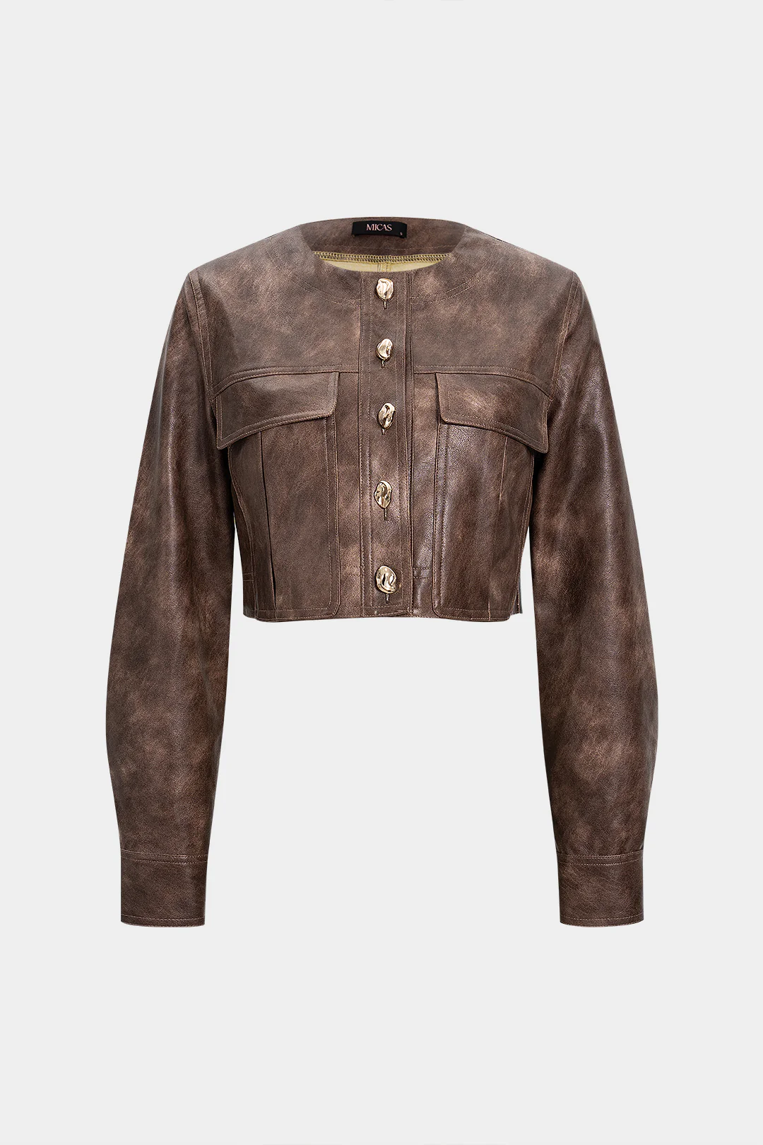 Faux Leather Button Long-Sleeve Top