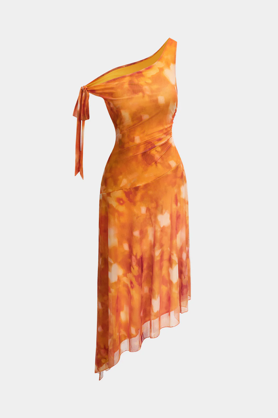 Floral Print Asymmetric Shoulder Tie-Up Ruched Mid-Length Dress