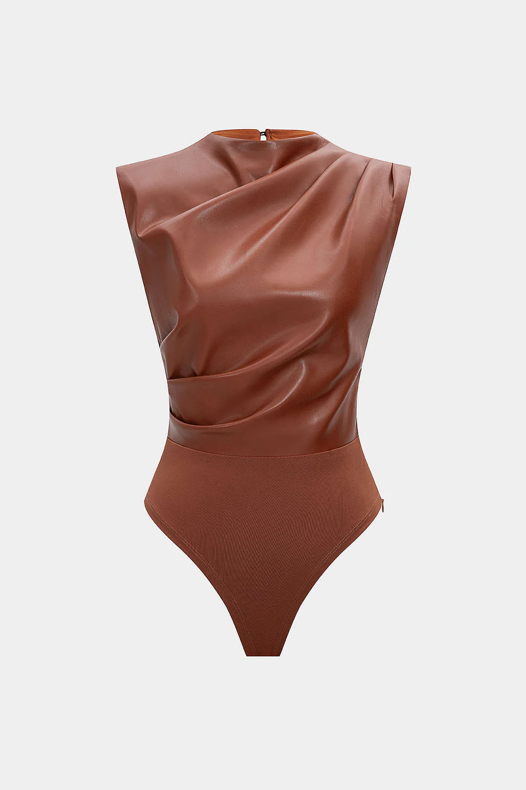 Faux Leather Patchwork Ruched Zipper Sleeveless Bodysuit