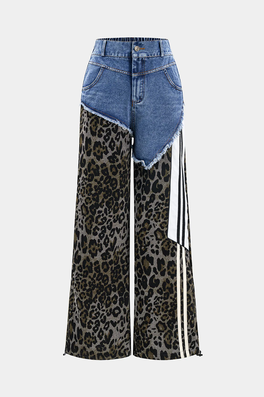 Leopard Print Denim Patchwork Button Pocket Wide-Leg Jeans