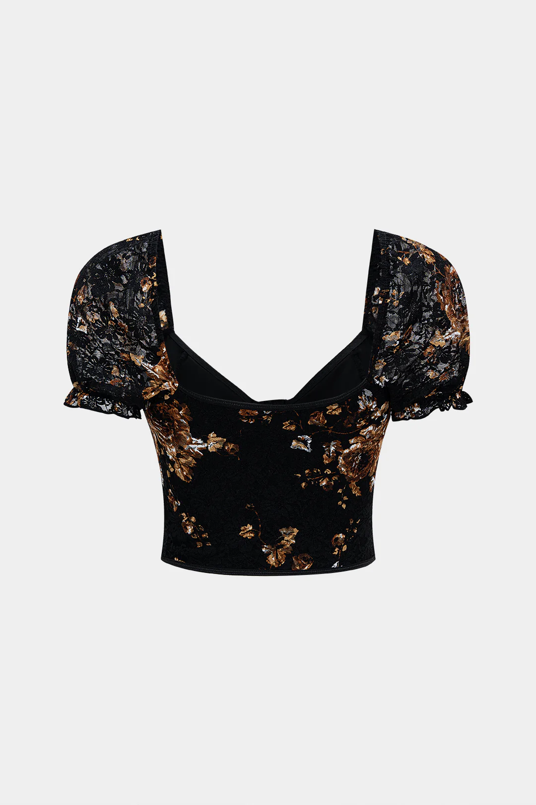 Retro Floral Print Backless Puff Short Sleeve T-Shirt