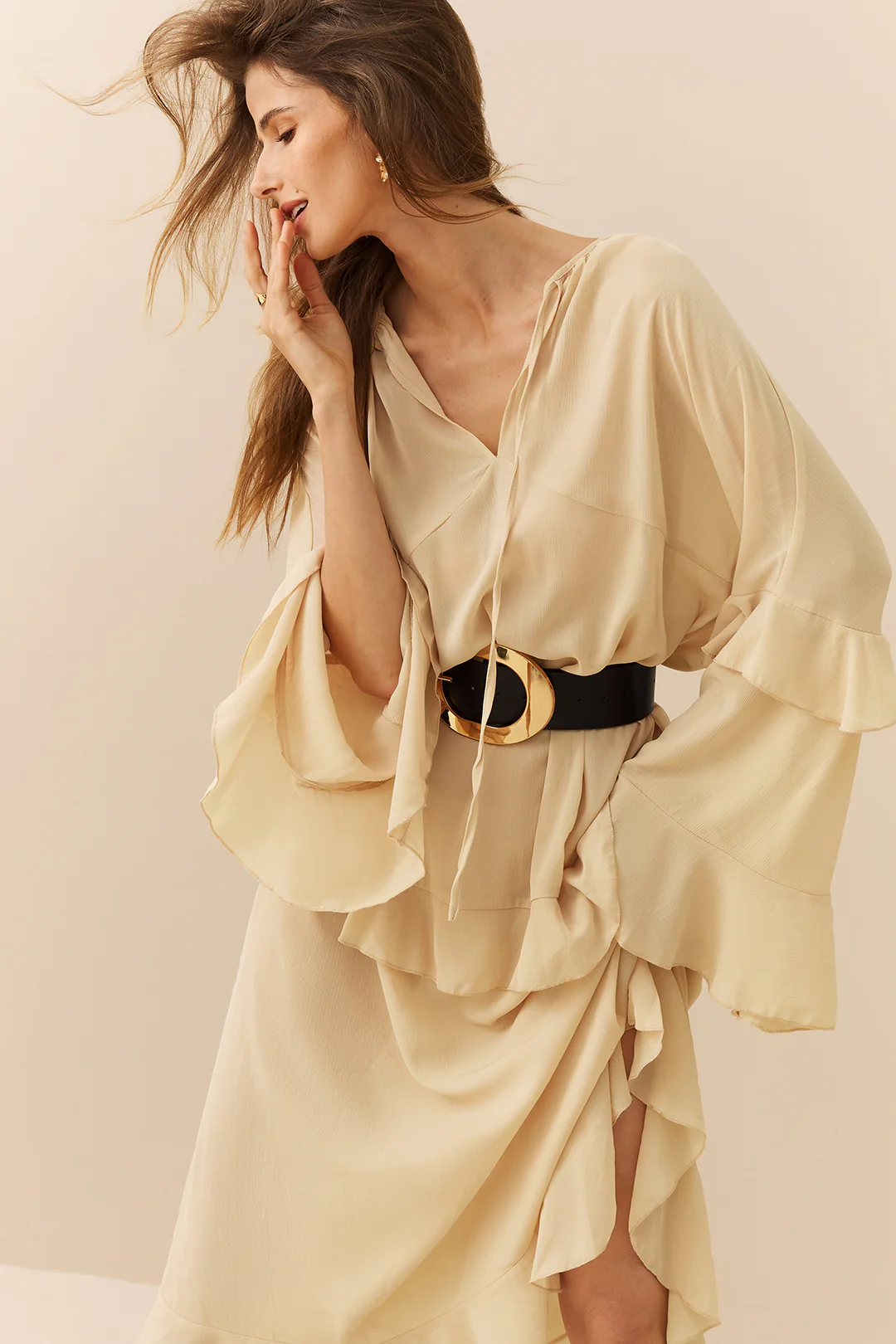 Chiffon Ruffled Bell - Sleeve V - Neck Maxi Dress