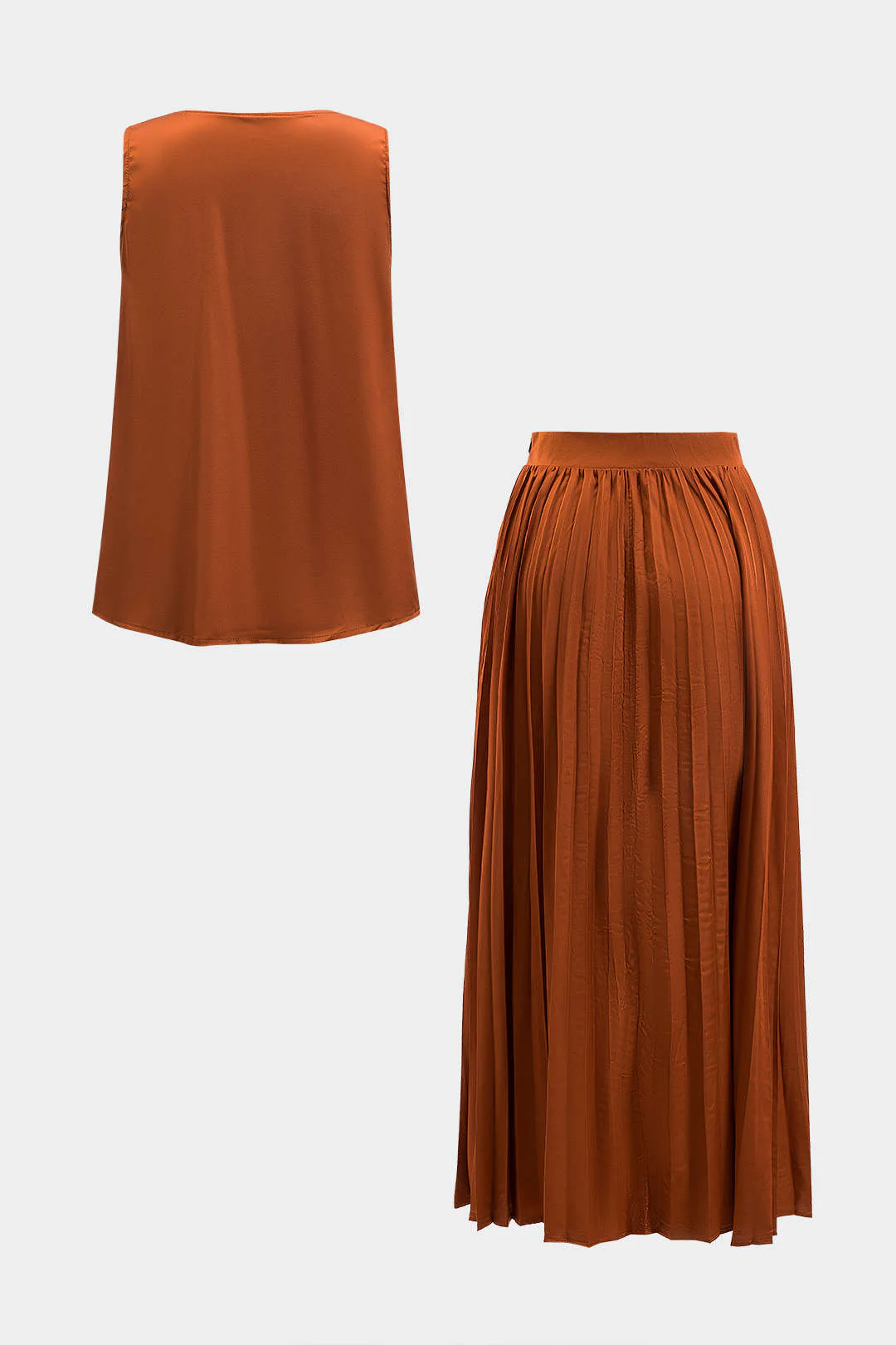 Satin Draped Cowl Neck Tank Top And Pleated Skirt Set