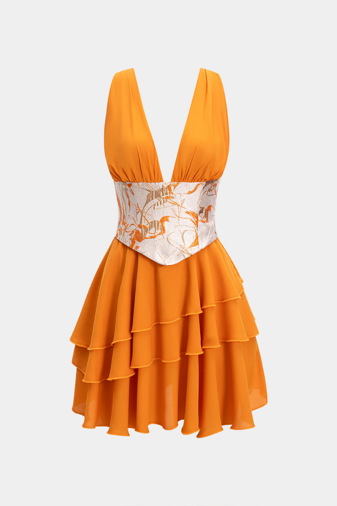 Chiffon Ruffle Patchwork Sleeveless V-Neck Asymmetrical Corset Waist Mini Dress