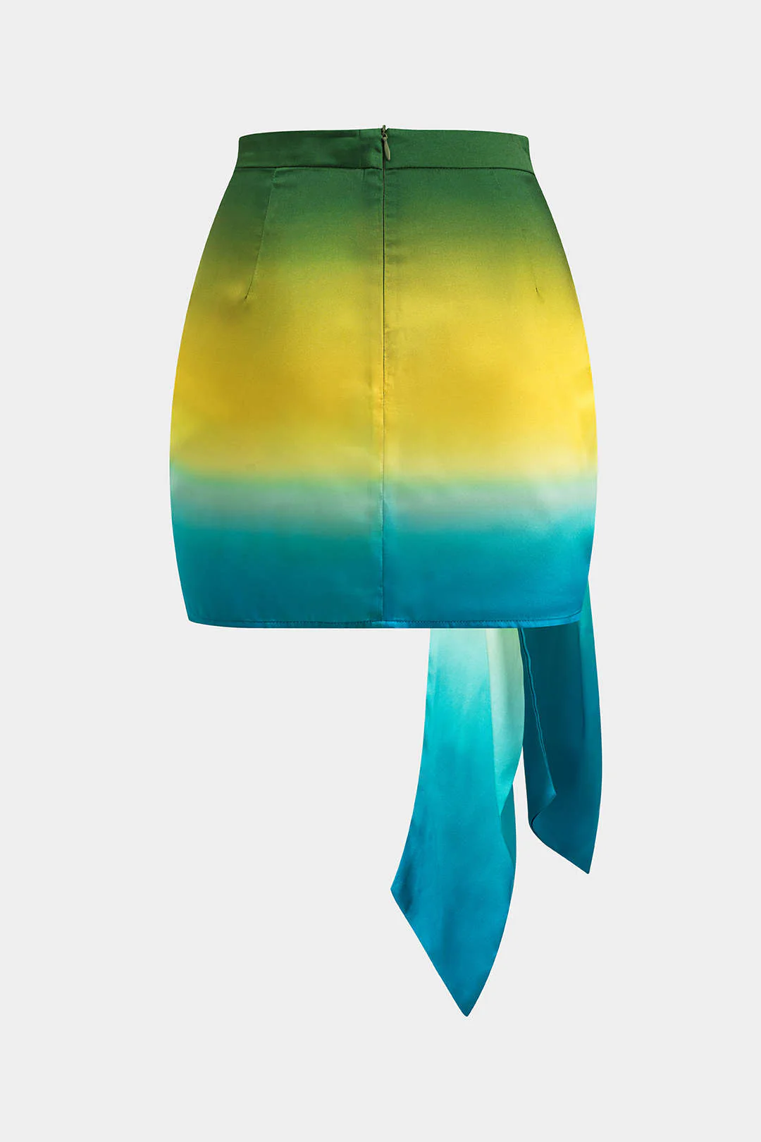 Ombre Print Satin Ruched Tie-Front Zippered Skirt