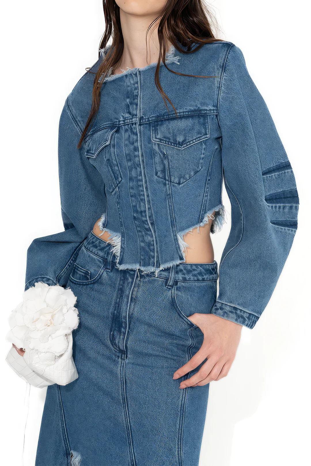 Denim Patchwork Button Round Neck Pocket Outerwear