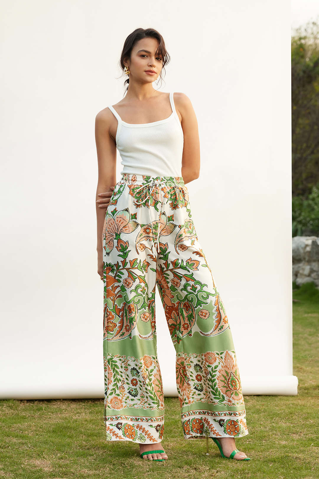 Floral Pattern Drawstring Split Wide-Leg Trousers