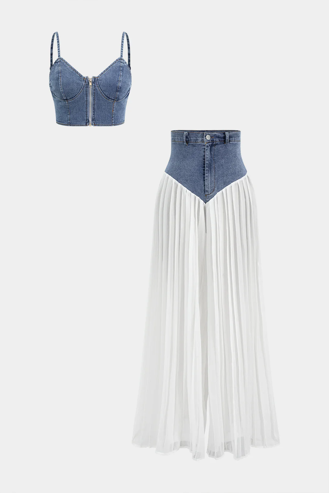 Dry Clean Denim Bustier Zipper Cami Top and Chiffon Pleated Patchwork Trousers Set
