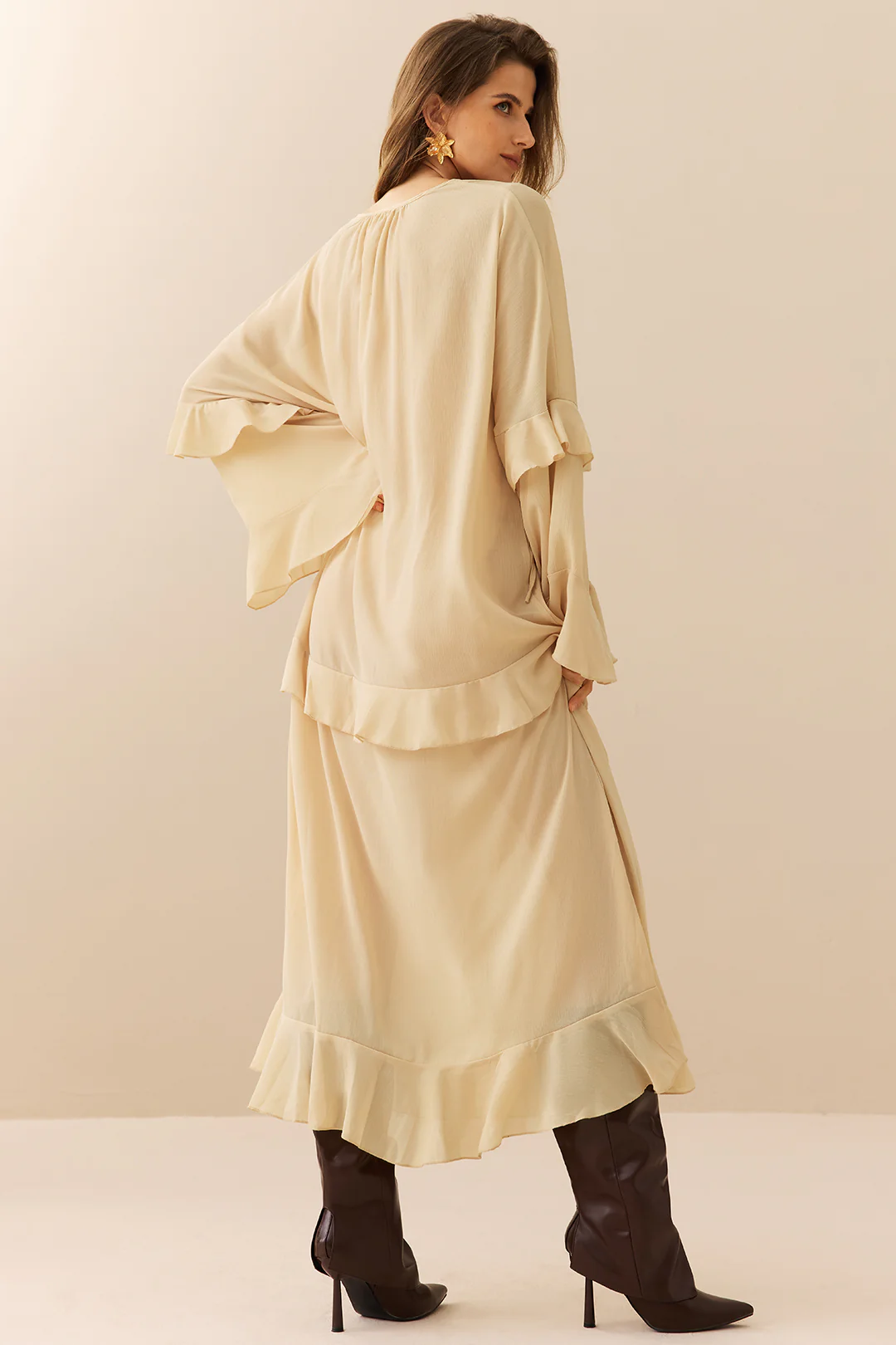 Chiffon Ruffled Bell - Sleeve V - Neck Maxi Dress