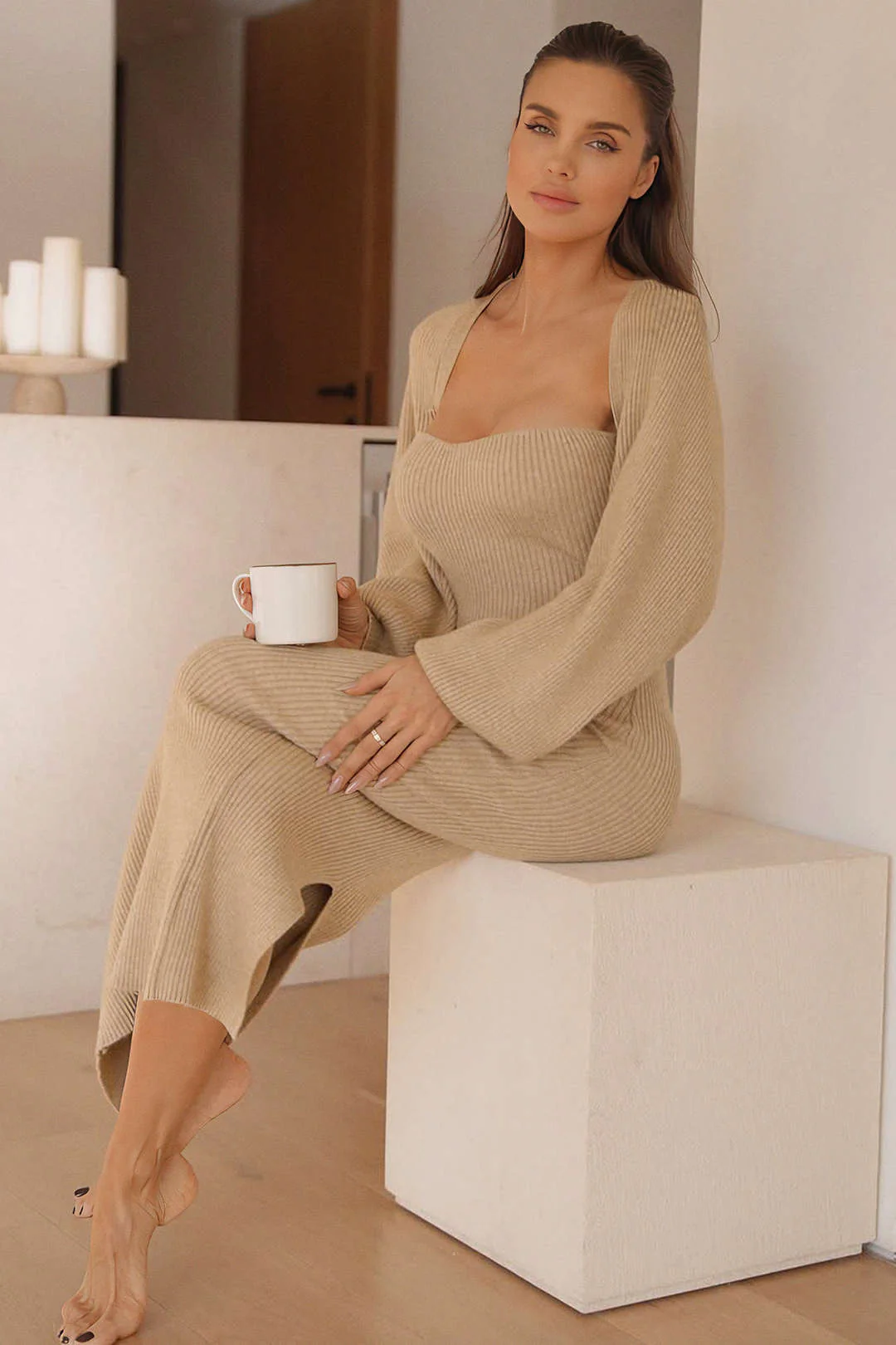 Ribbed Knit Strapless Midi Dress And Bolero Set