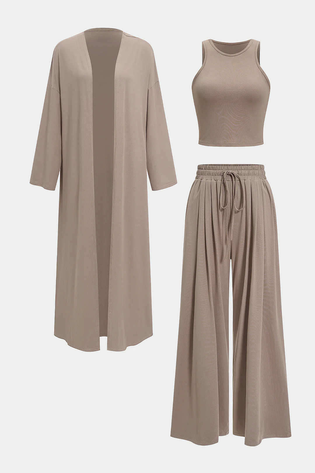 Soid Basic Tank Top And Long Cardigan And Drawstring Wide Leg Trousers Set