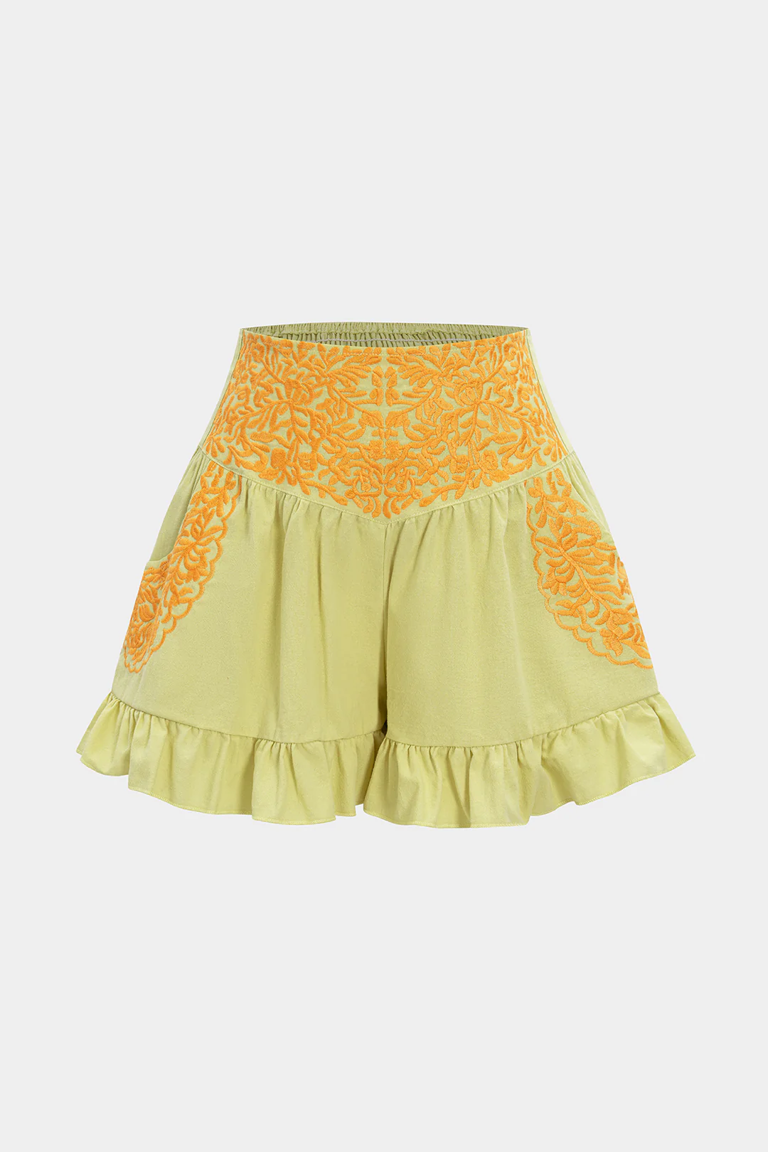 Floral Print Embroidered Ruffled Pocket Shorts