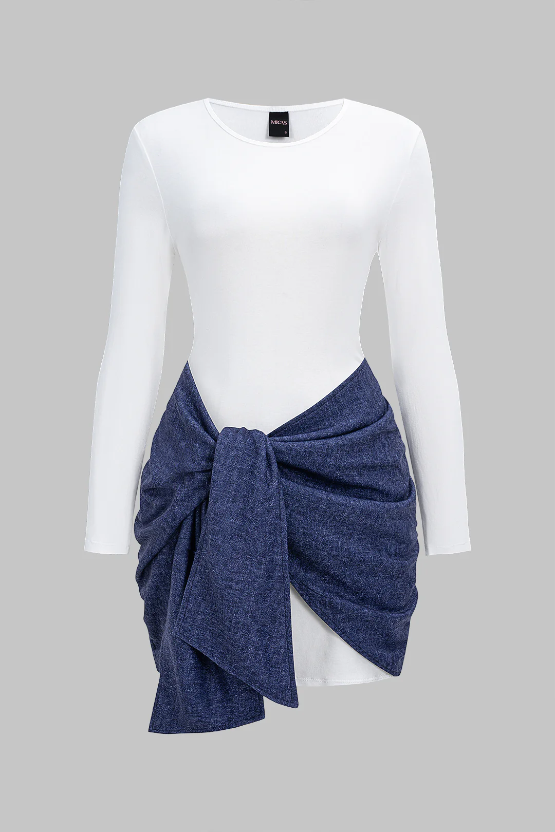 Tie Knot Patchwork Long-Sleeve Mini Dress