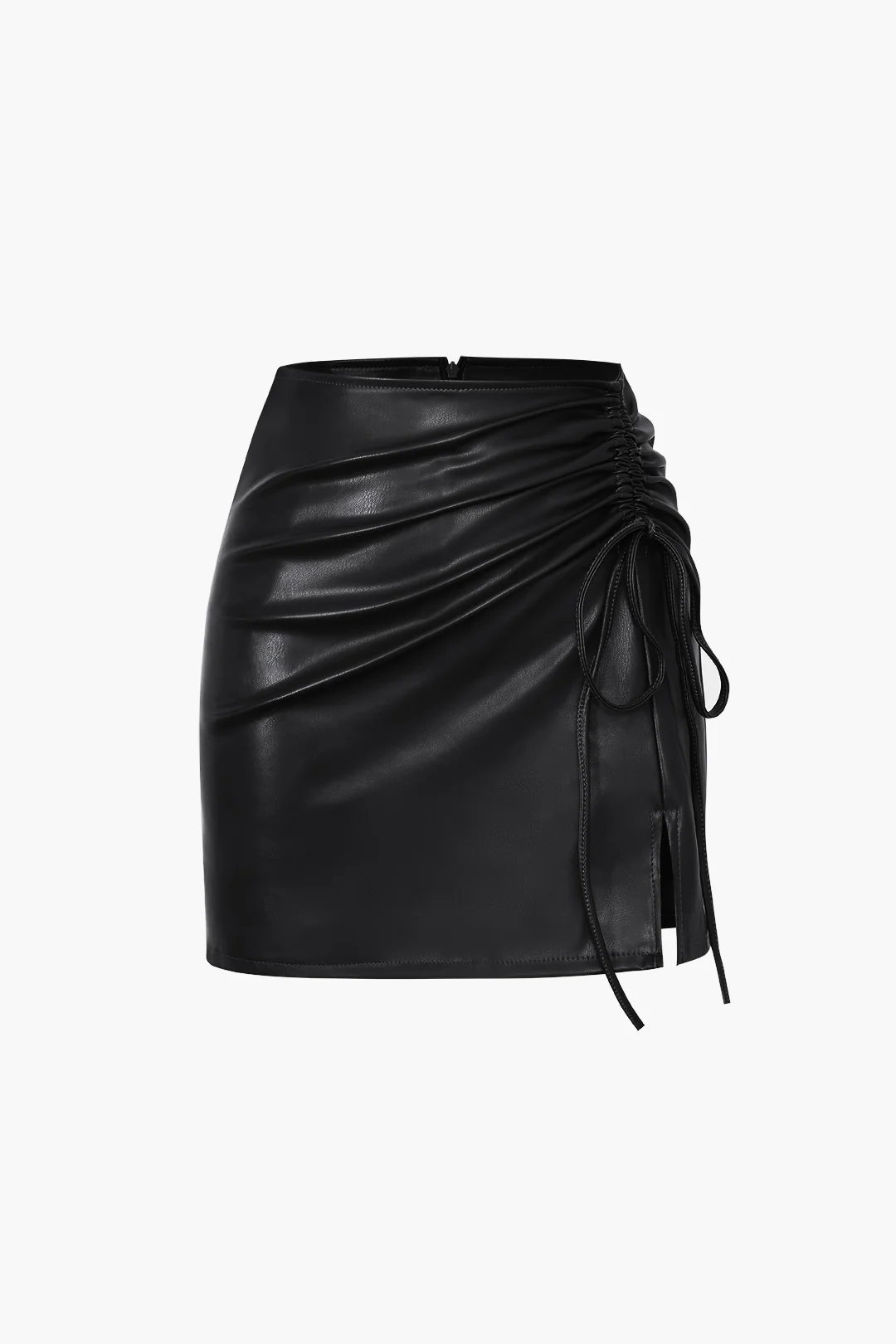 Drawstring Split Leather Mini Skirt