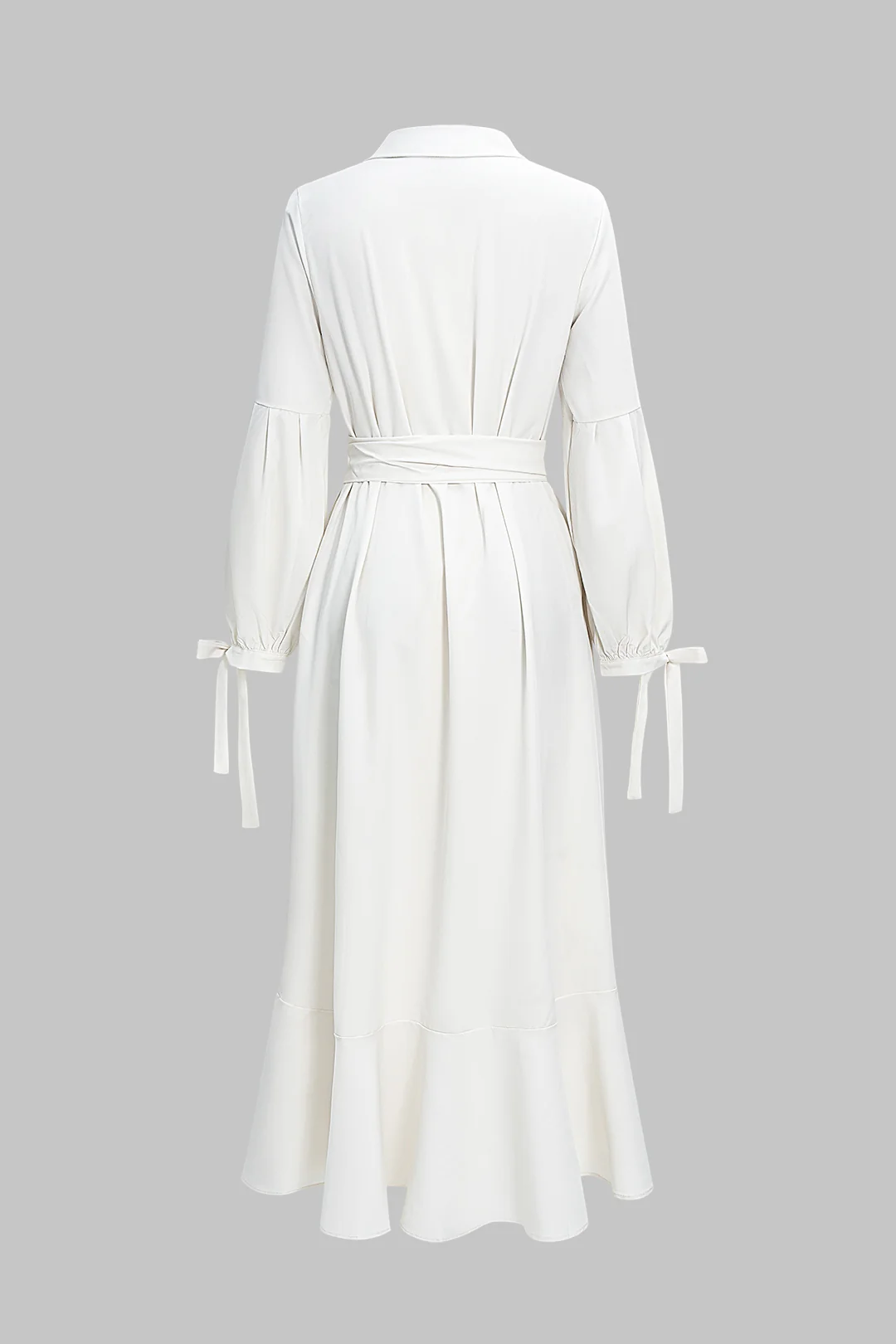 Solid V-Neck Belted Tie-Up Long Sleeve Maxi Dress