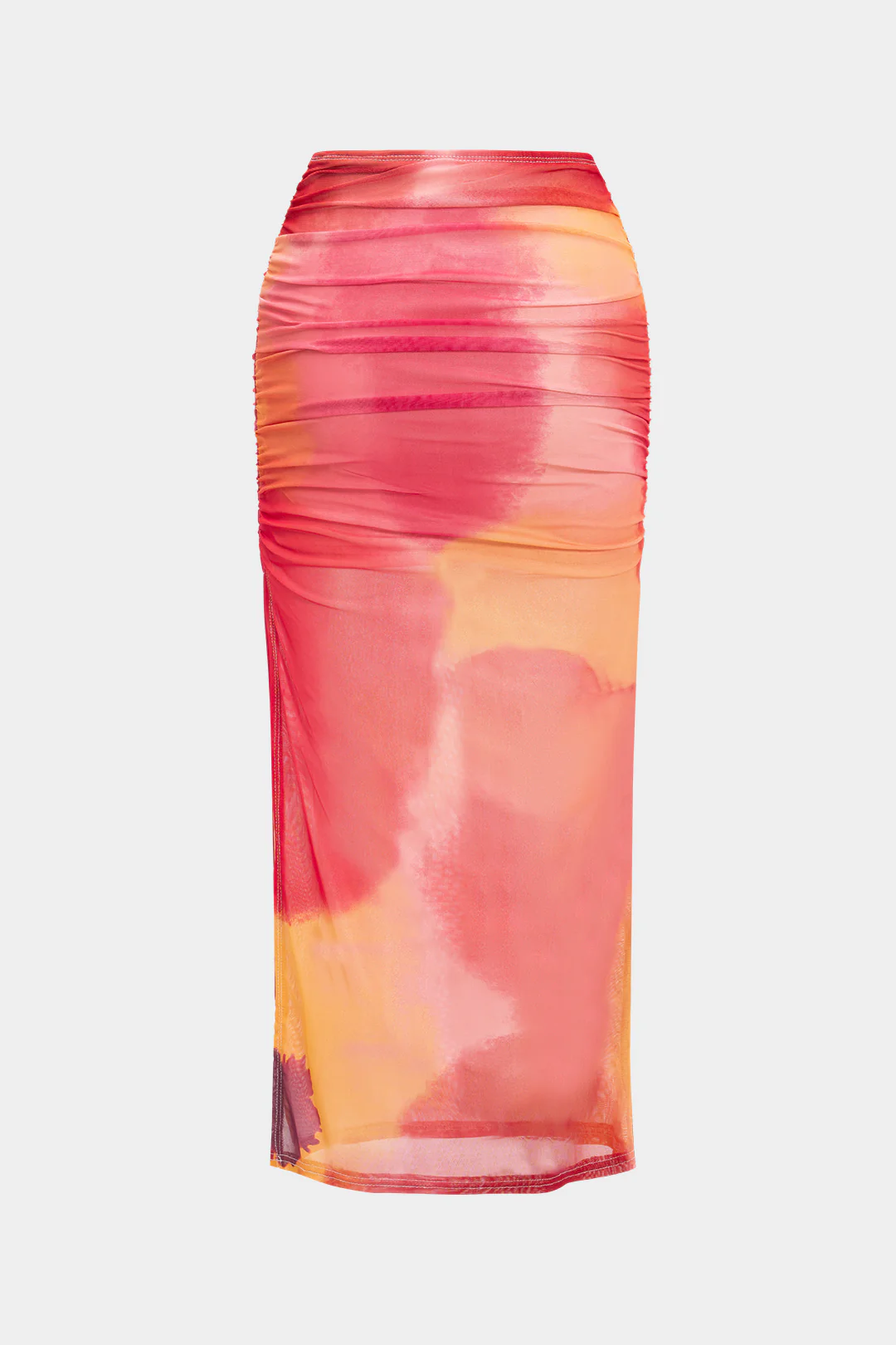 Mesh Tie Dye Print Ruched Slit Skirt