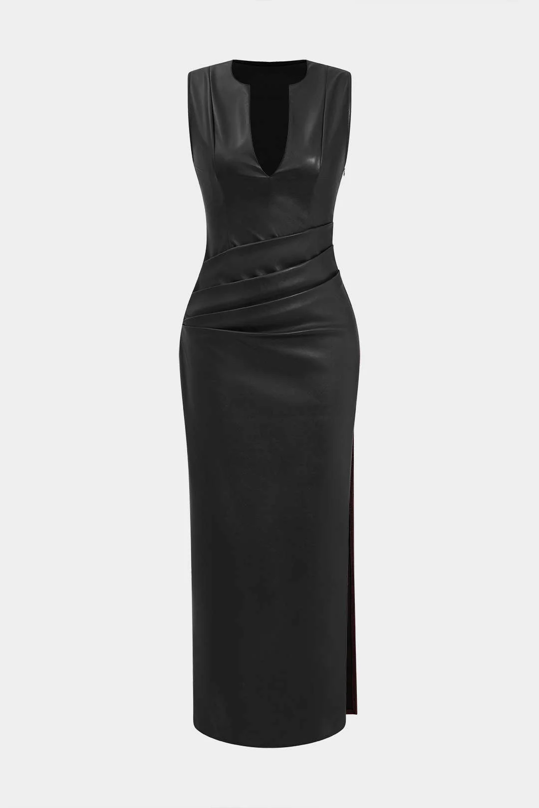 Faux Leather V-neck Ruched Long Dress