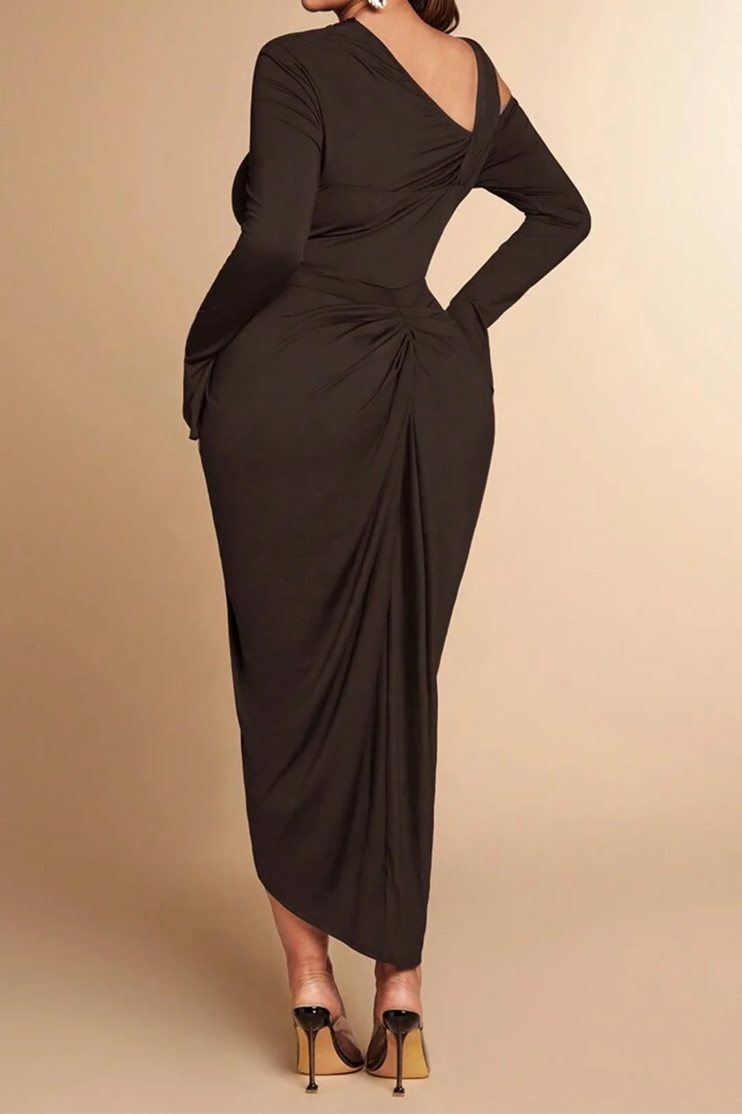 Plus Size Asymmetric High-Slit Ruched Long-Sleeve Midi Dress