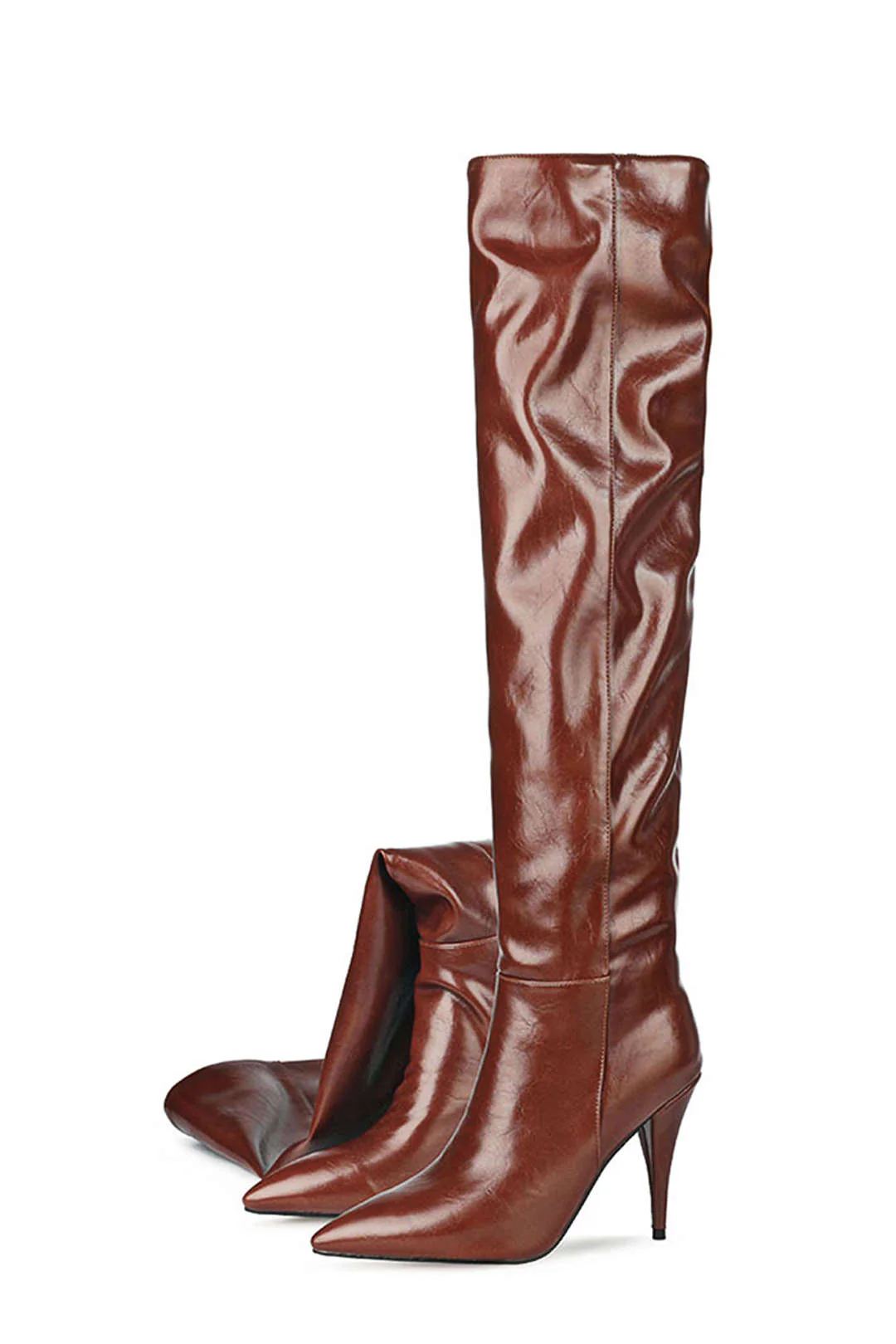Ruched Faux Leather Pointed Toe Knee-High Boots