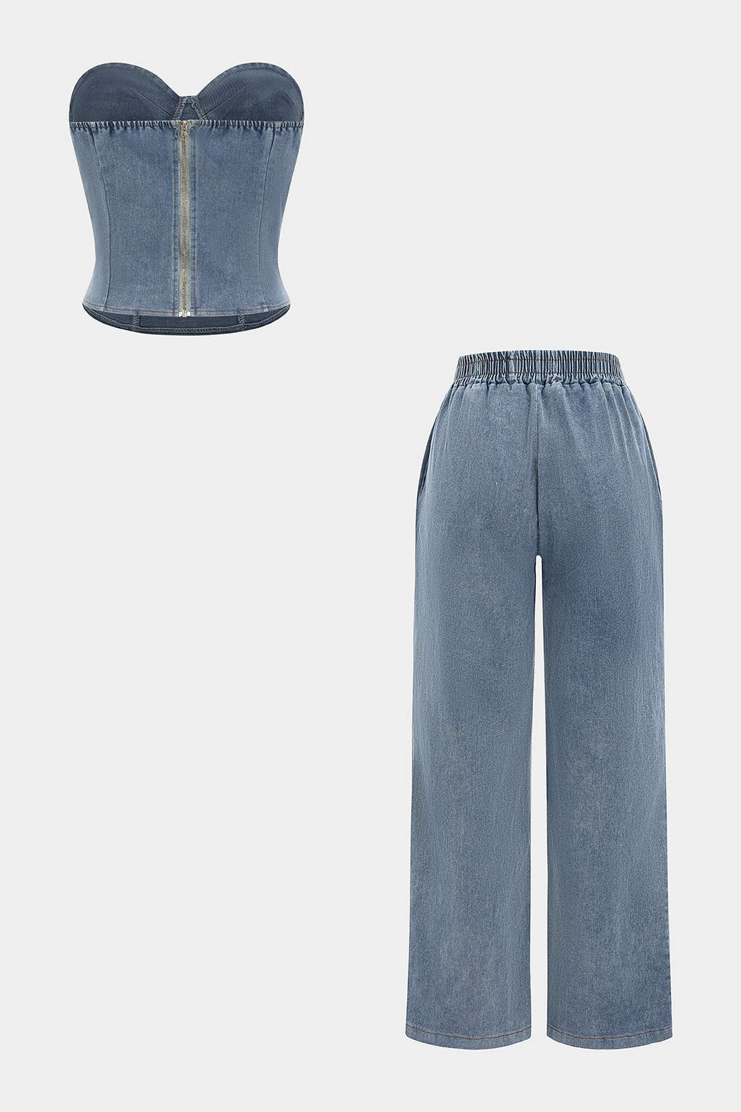 Denim Zipper Tube Top And Jeans Set