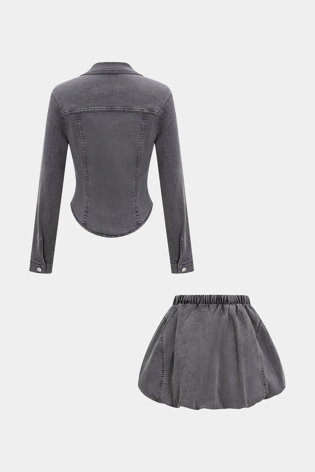 Denim Washed Button Stitching Detail Fake Pocket Long-Sleeve Top And Puff Mini Skirt Set