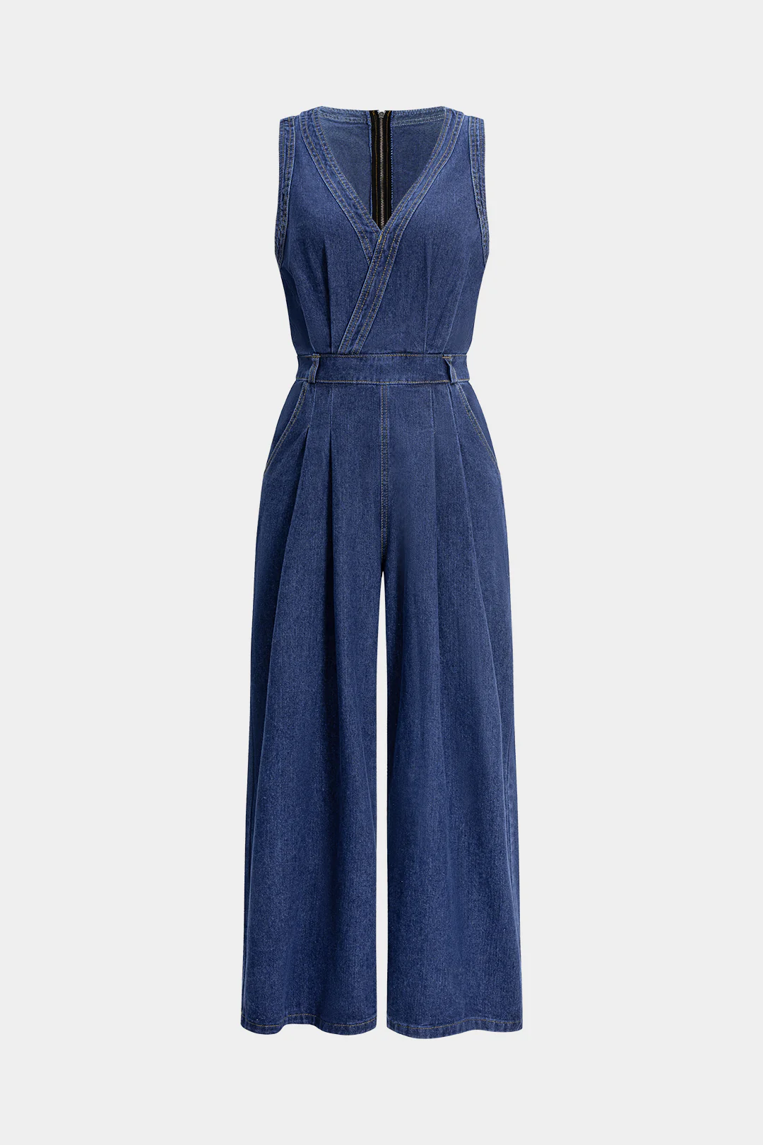 Denim V-Neck Zipper Sleeveless Jumpsuit