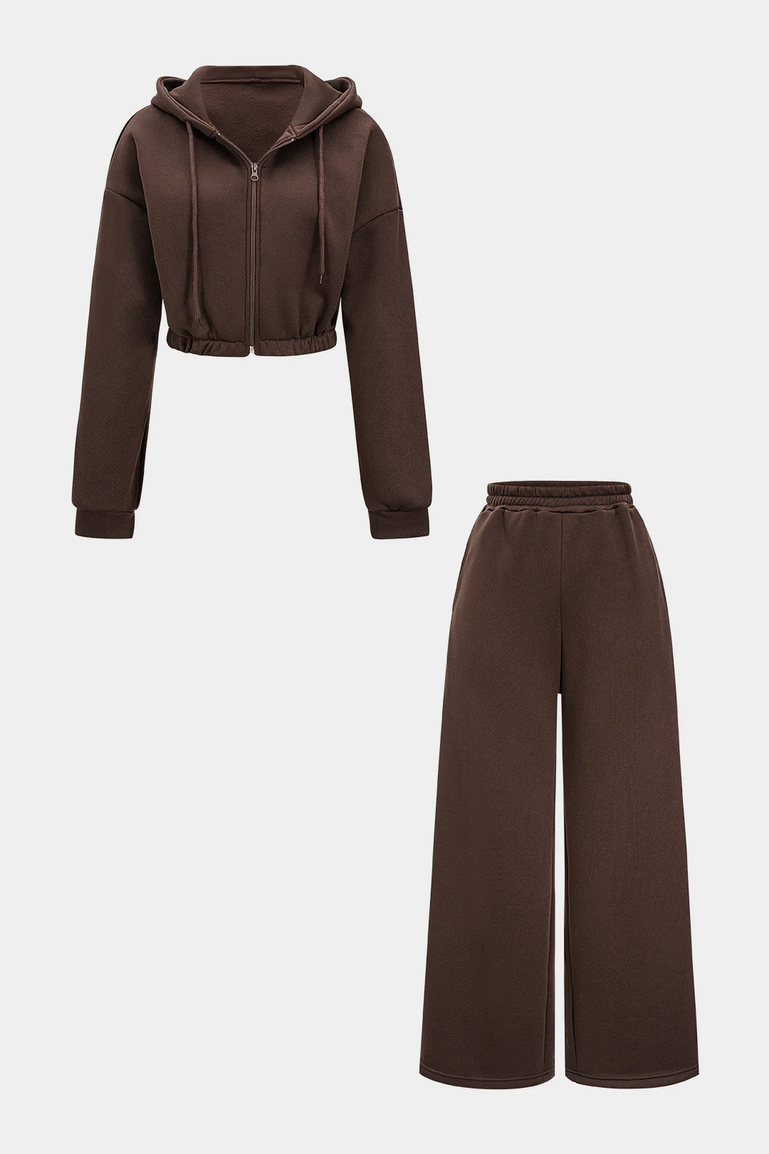 Drawstring Zipper Hooded Long Sleeve Top and Wide Leg Trousers Combo