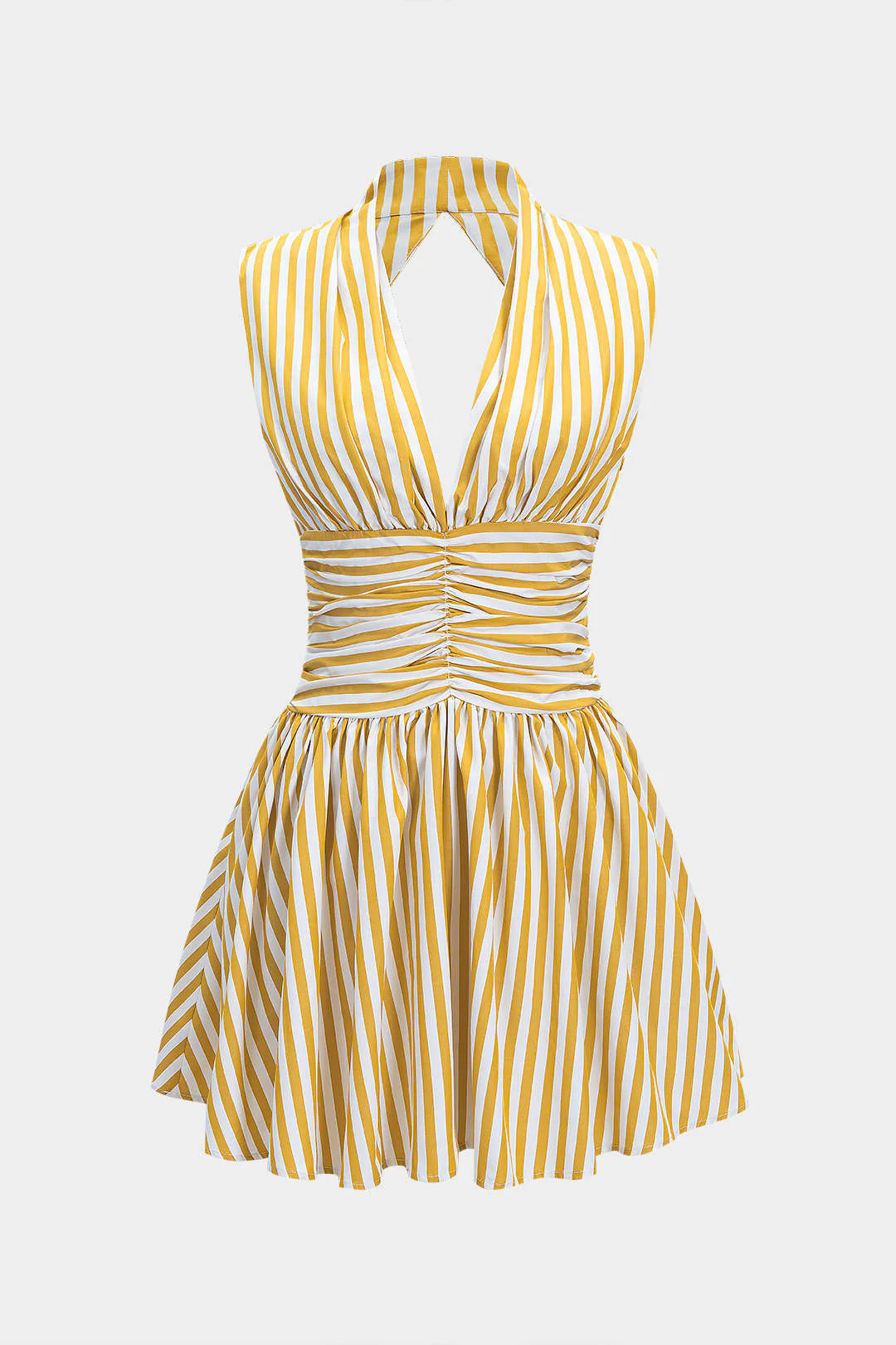 Stripes Print Halter Neck Shirred Backless Sleeveless Mini Dress