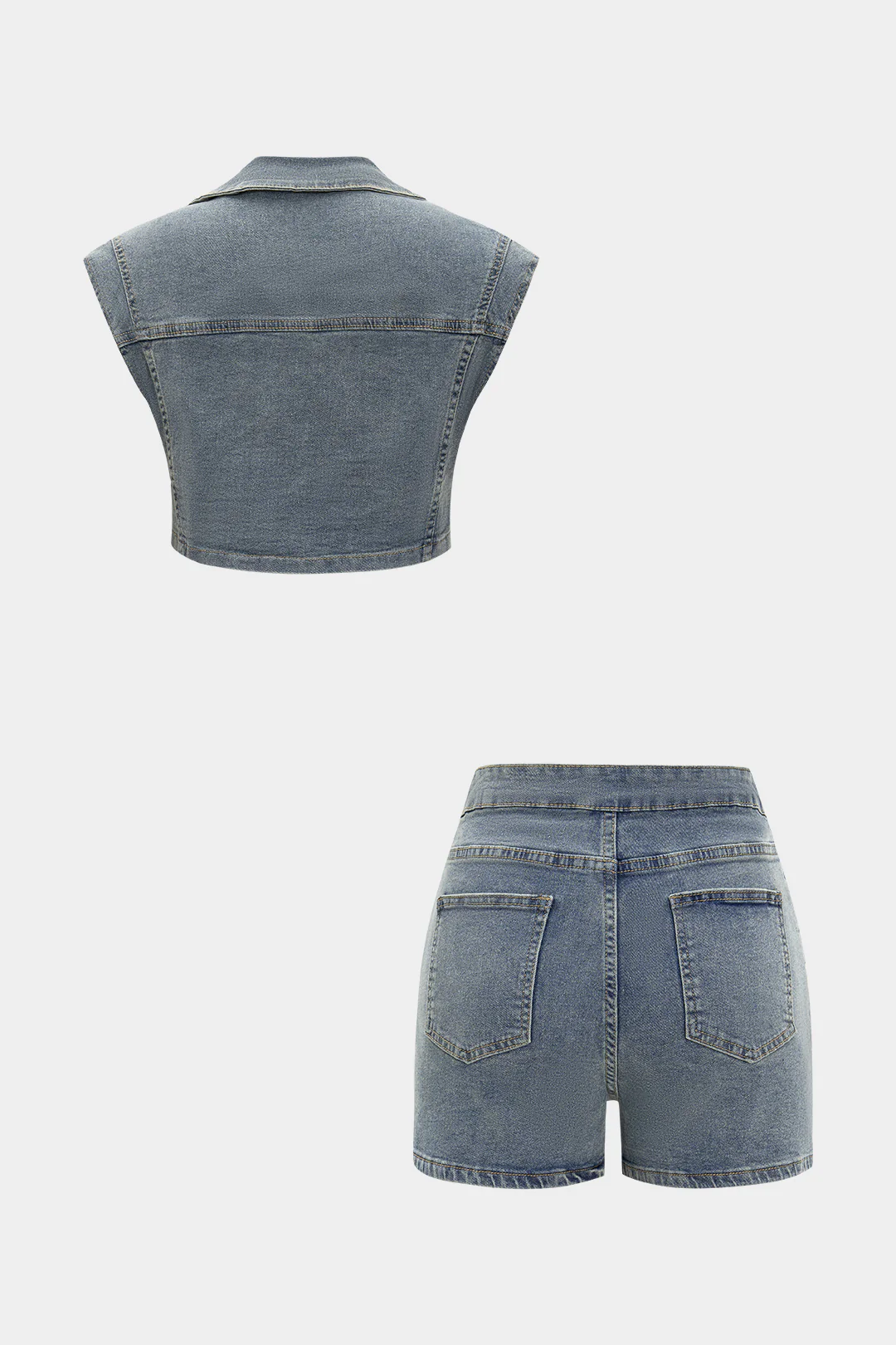 Denim Button Vest And Shorts Set