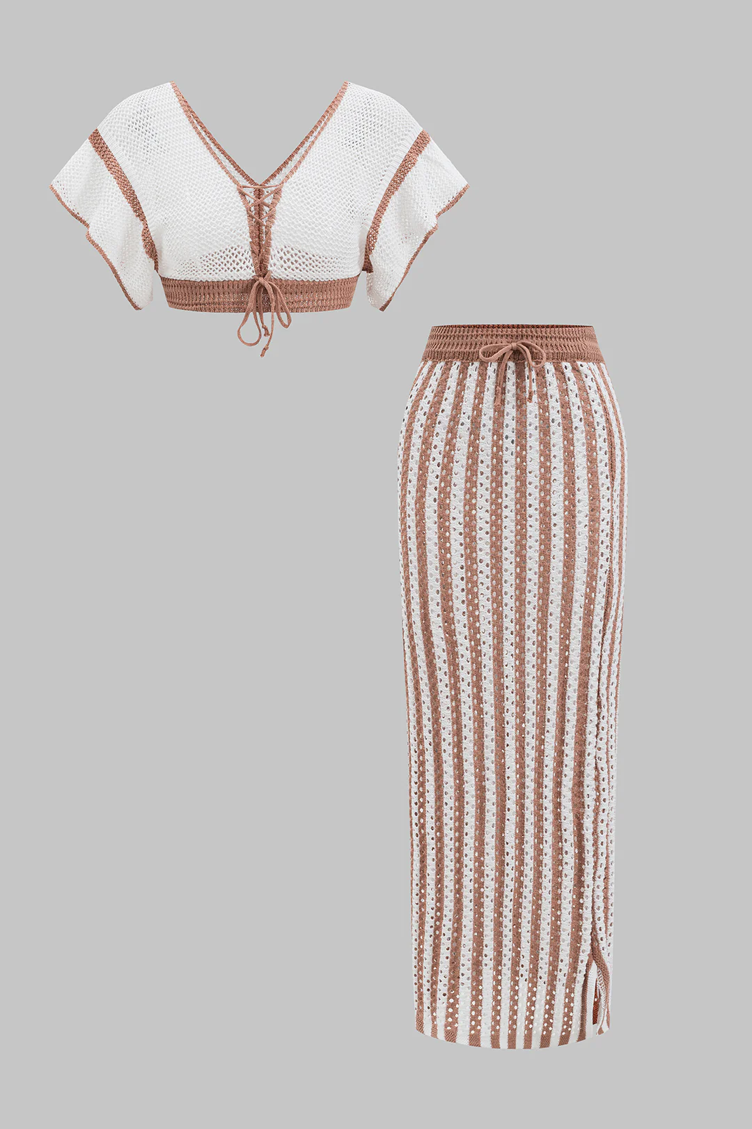 Knit Hollow-Out V-Neck Tie-Front Tank Top and Drawstring Slit Skirt Set