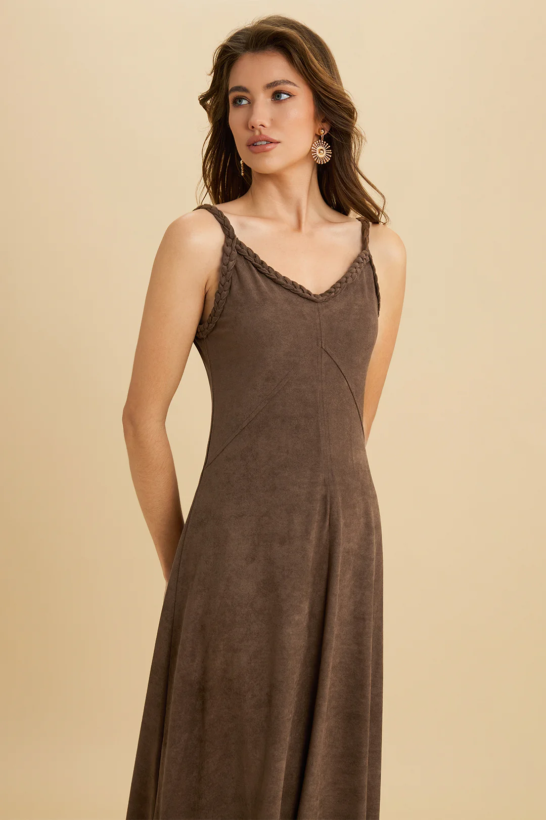 Suede Twist Knot Ruched Sleeveless Dress