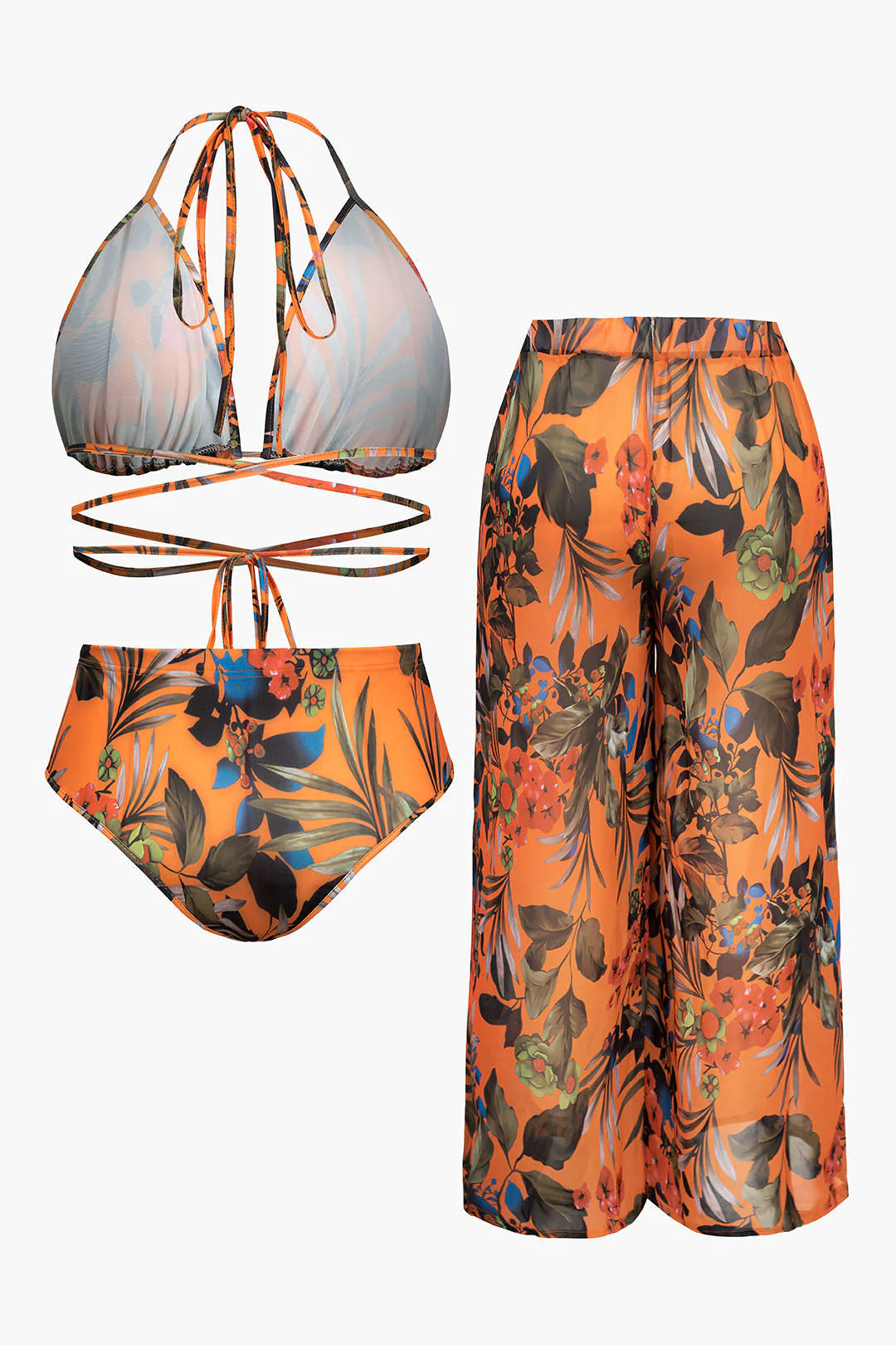 Plus Size Floral Print Bikini and Wide-Leg Pants Combo