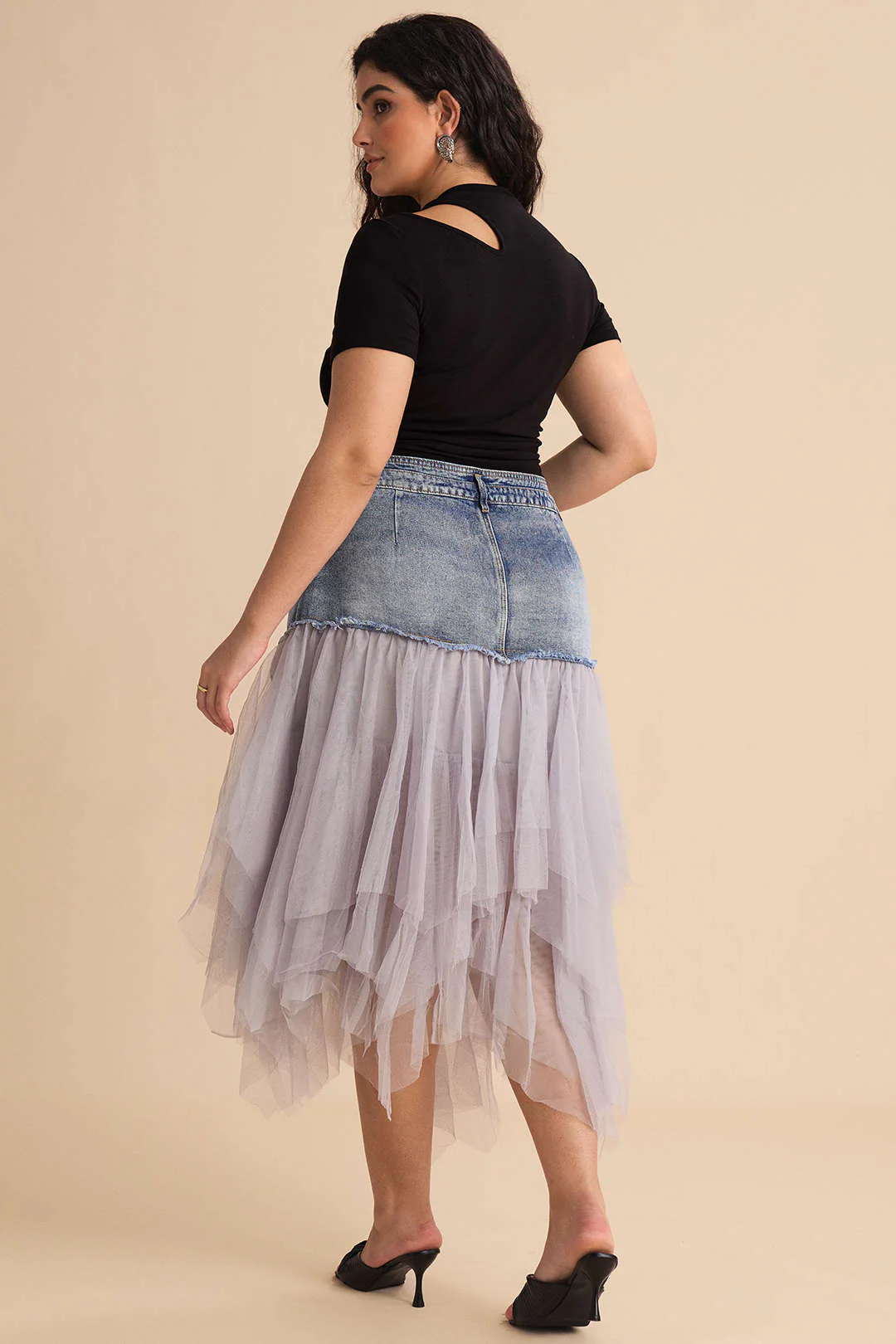 Plus Size Denim Mesh Patchwork High-Waisted Skirt