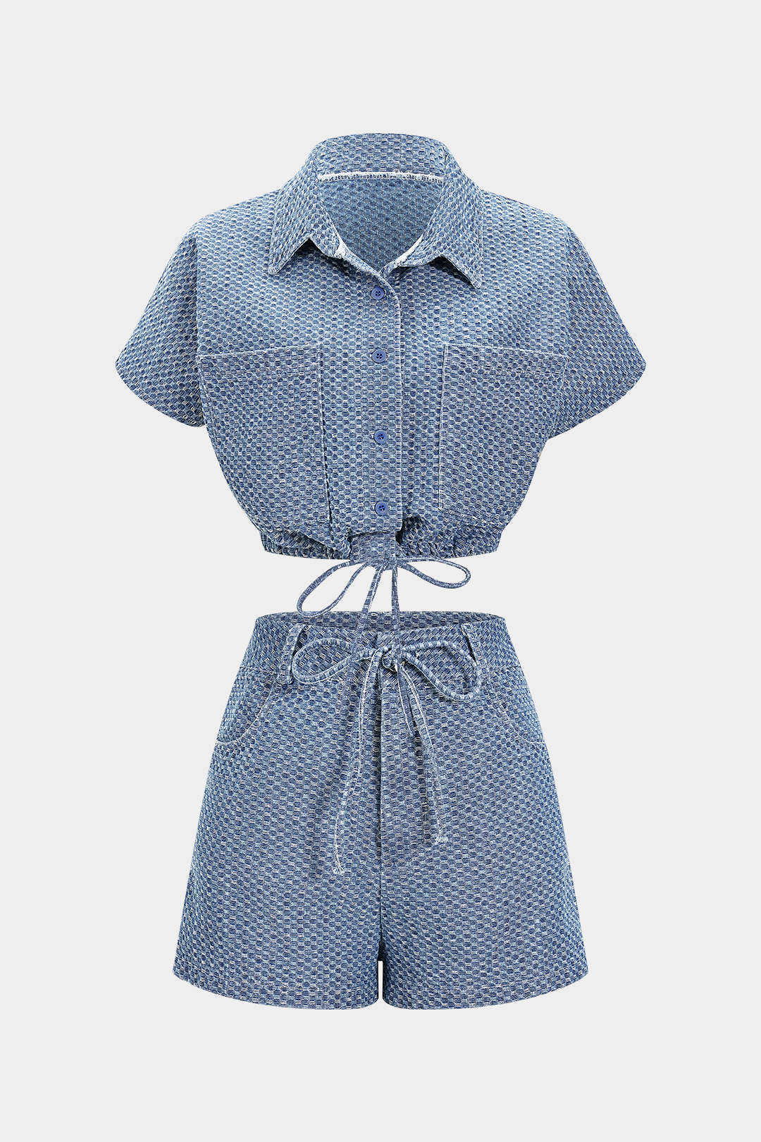 Denim Button Tie-Up Short-Sleeve Shirt And Drawstring Shorts Set