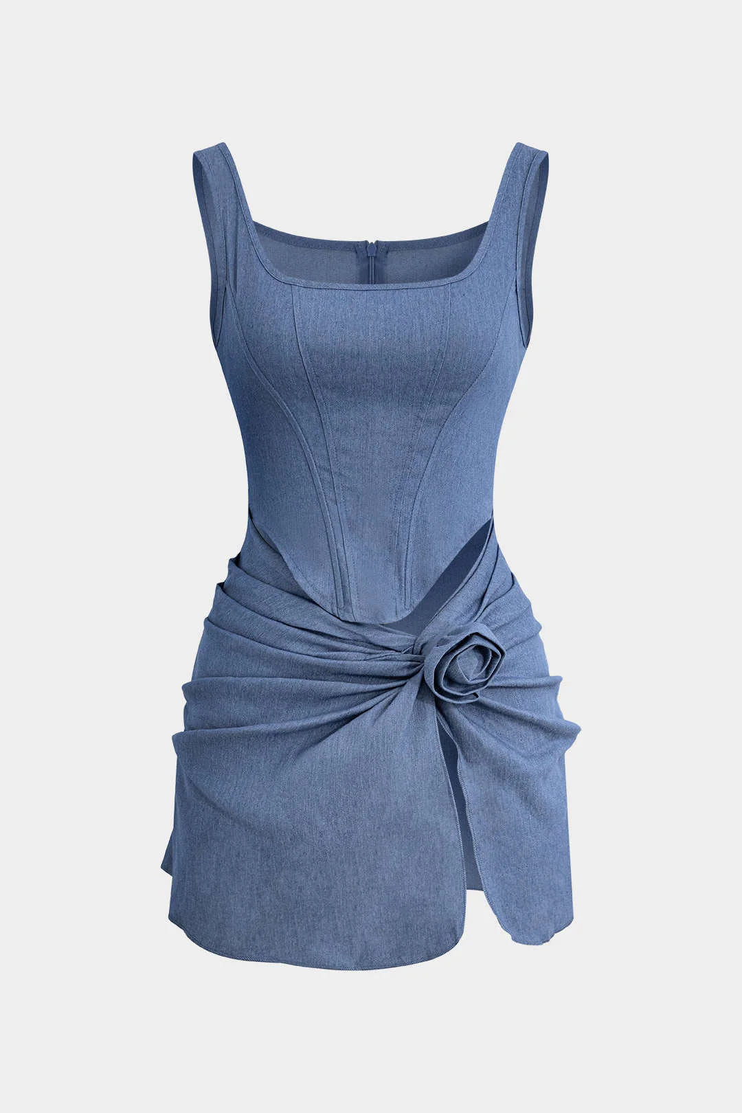 3D Floral Ruched Tank Denim Dress