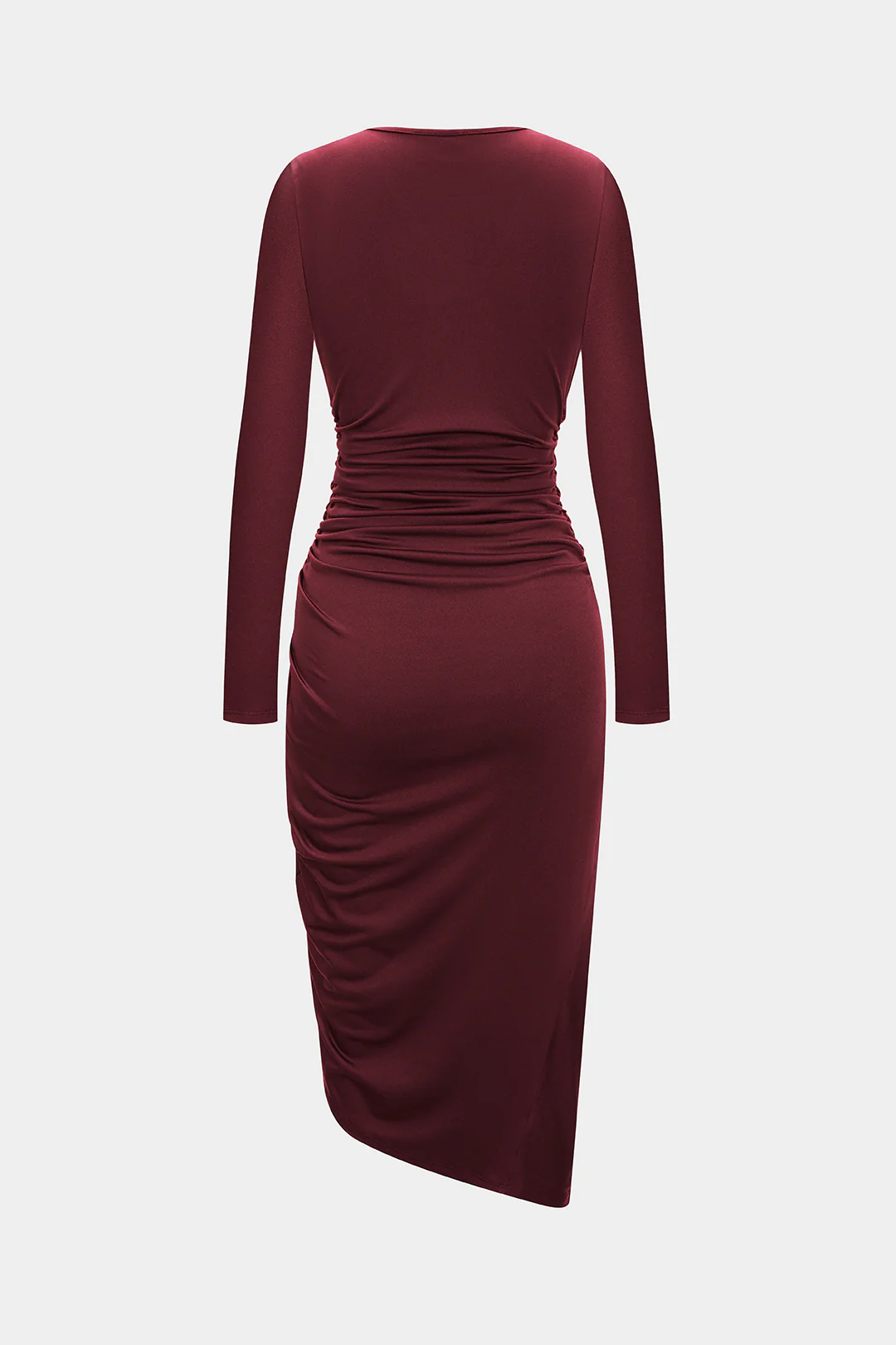 Ruched Asymmetrical Long Sleeve Midi Dress