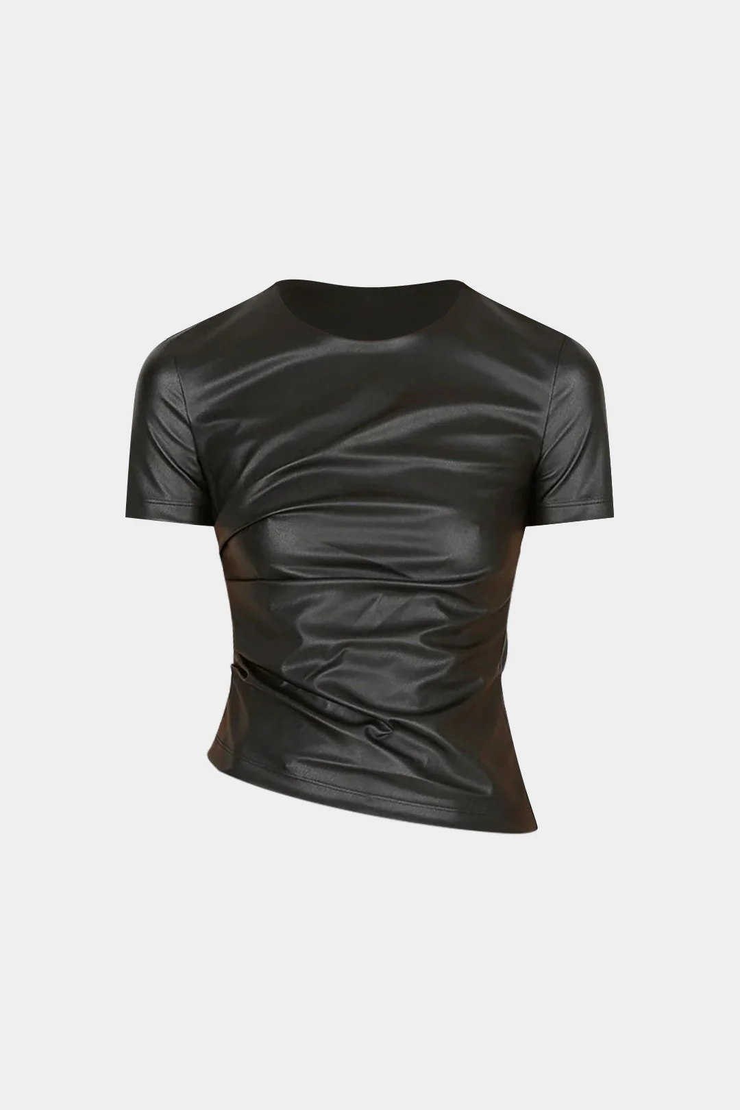 Faux Leather Round Neck Ruched Short-Sleeve Top