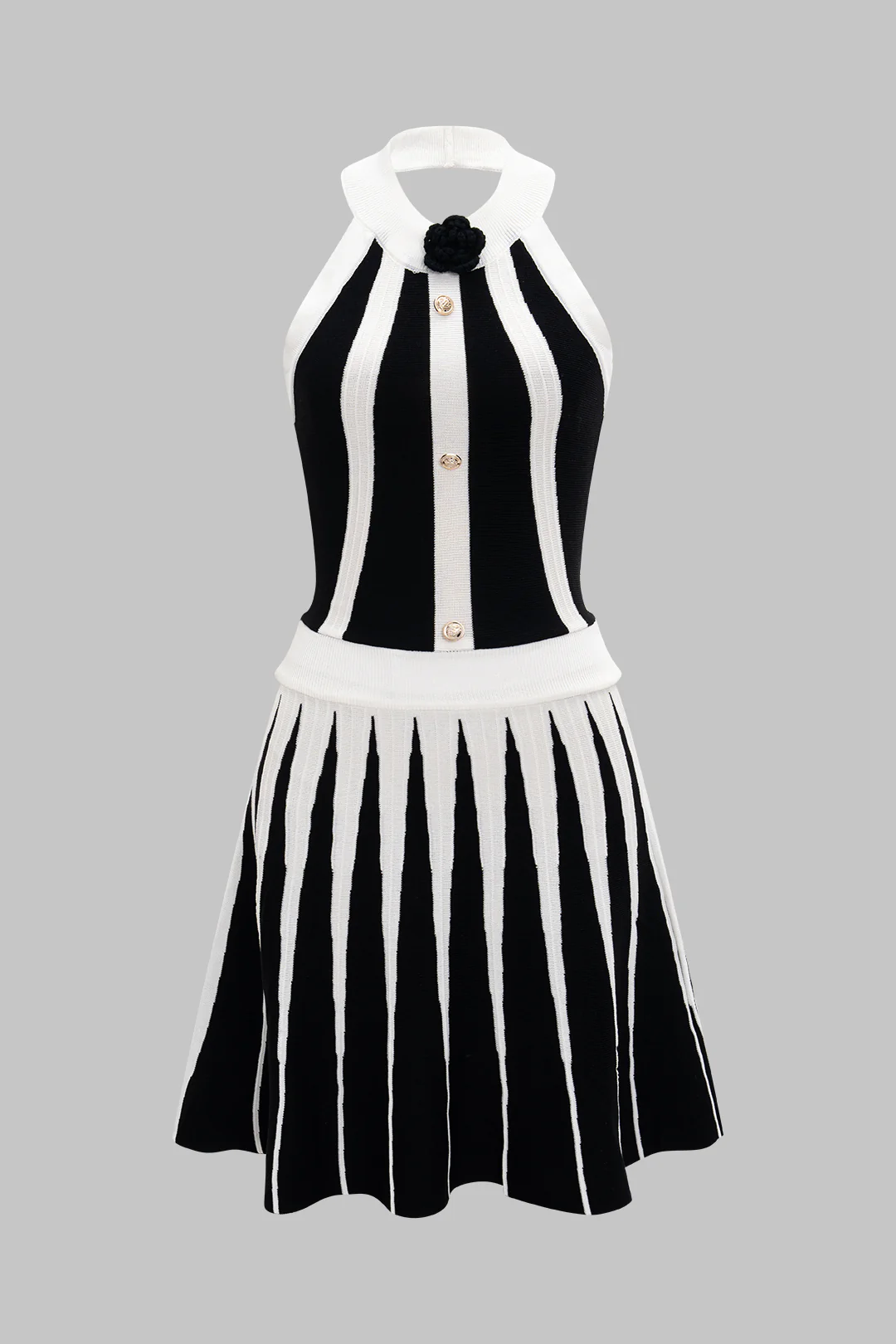 Knit Contrast Halter Neck Button Backless Sleeveless Dress