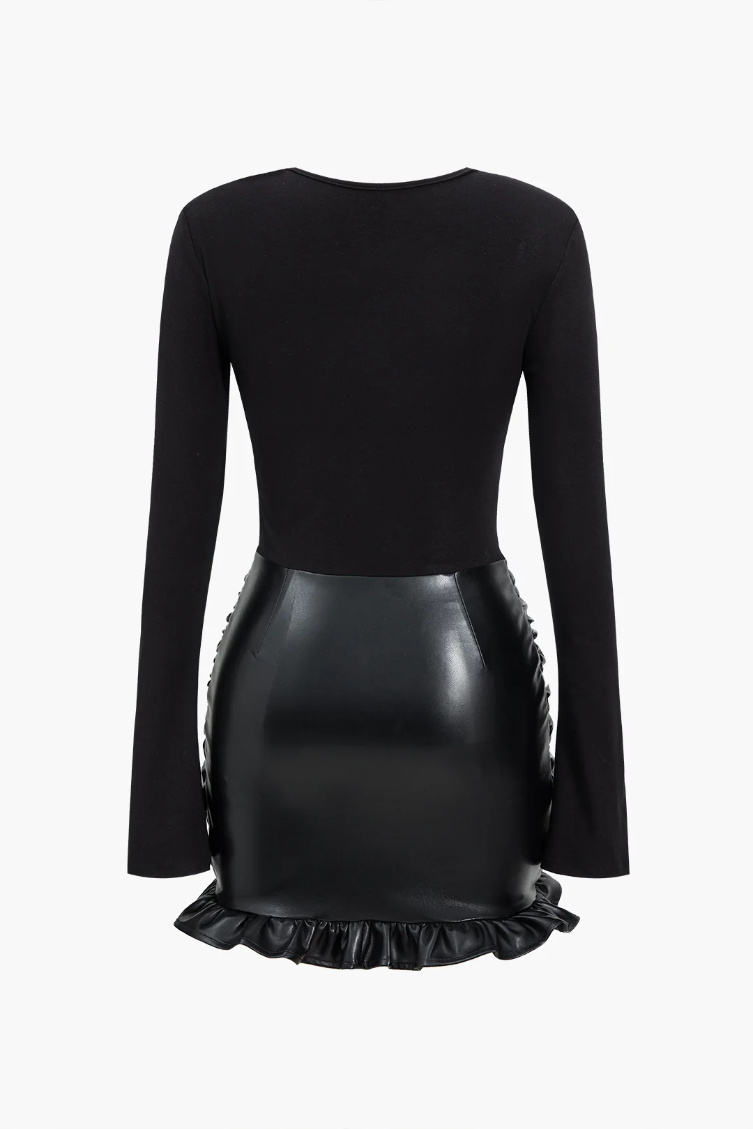 Faux Leather Patchwork Ruffled and Ruched Long Sleeve Mini Dress