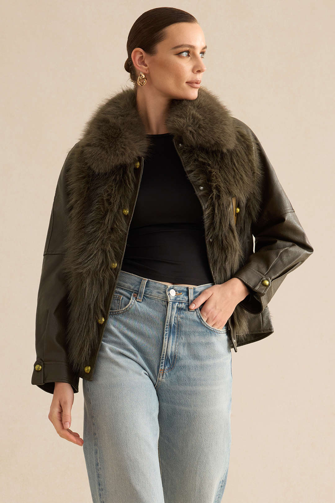 Faux Leather Fur Button Patchwork Coat