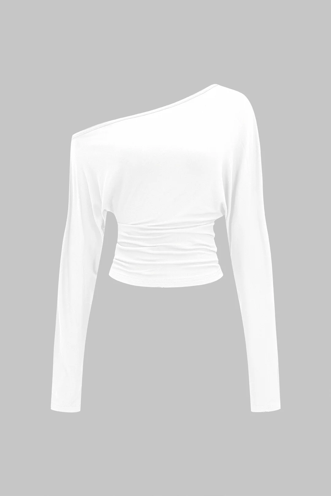 Cut-Out Asymmetric Neck Ruched Long-Sleeve Top