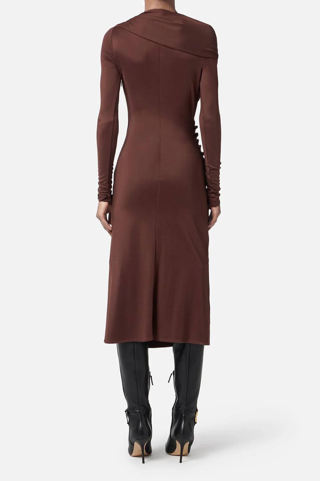 Asymmetrical Ruched Long Sleeve Floor-Length Dress
