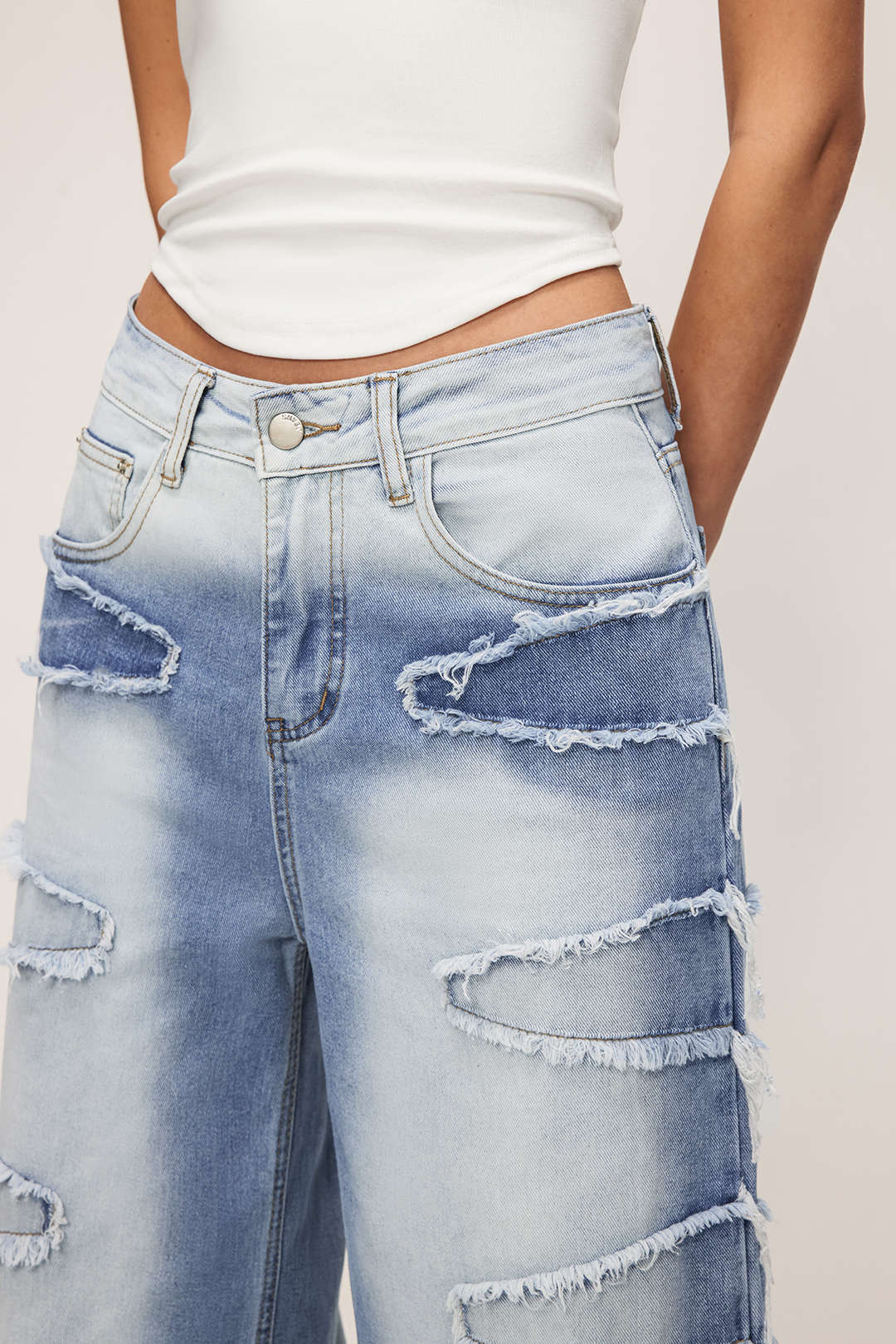 Denim Zipper Frayed Wide Leg Jeans