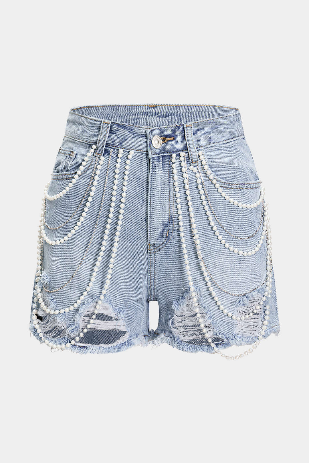 Denim Bead Chain Decor Ripped Frayed High Waist Shorts