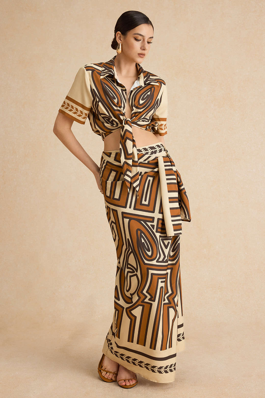 Abstract Geometric Print Ruched Tie-Front Twist Knot Zipper Skirt