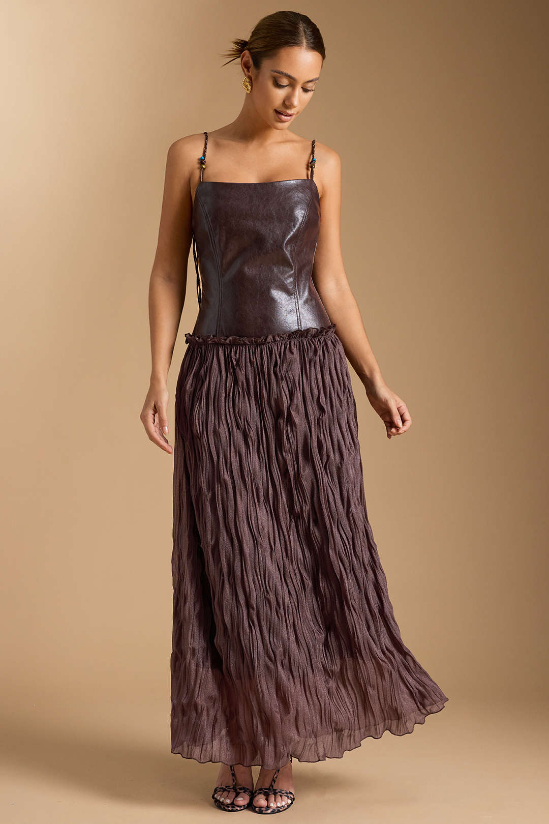 Faux Leather Patchwork Ruched Sleeveless Mid-length Dress